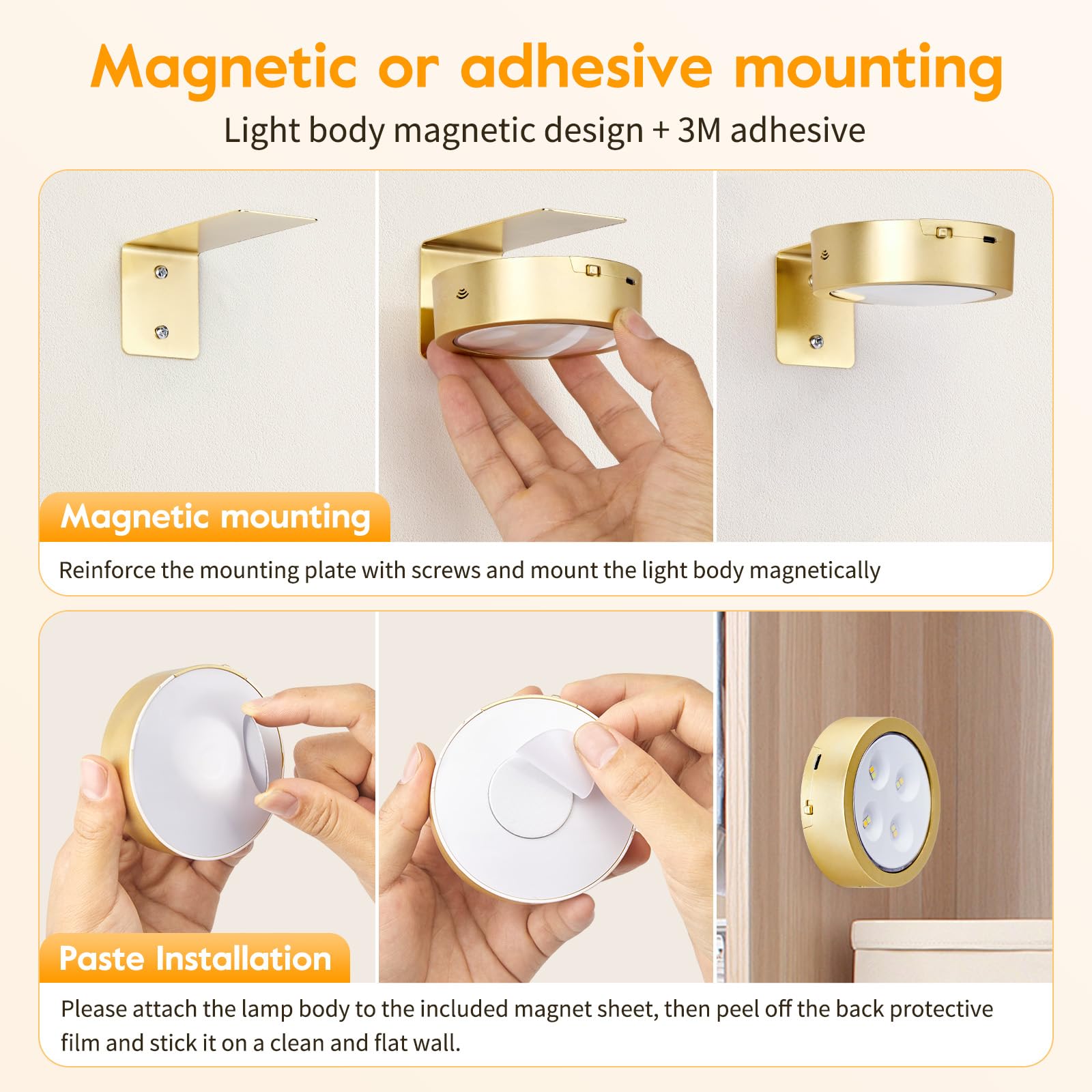 Brightown Picture Lights 2-Pack, Rechargeable, Dimmable, Timer, Gold, Model GOLD-2PCS, Magnetic Art Display, Wireless