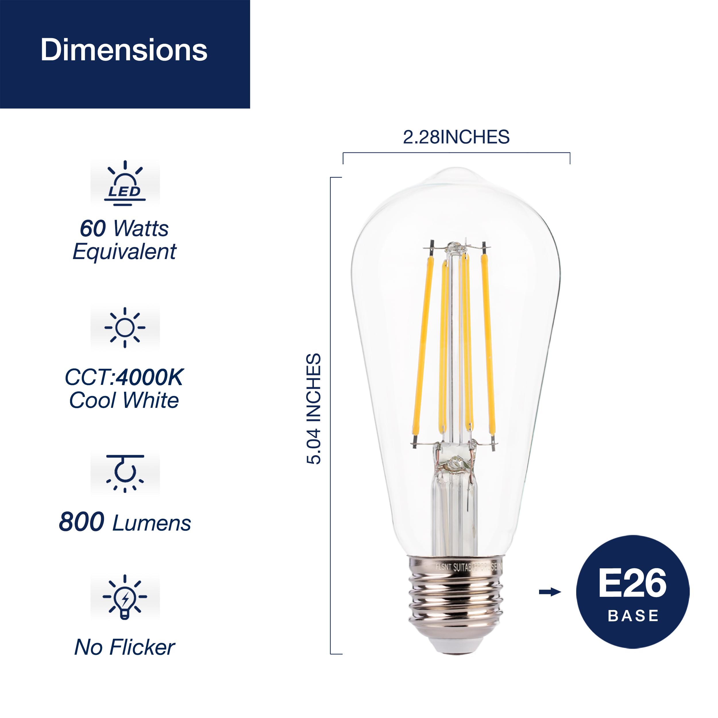FLSNT 7W LED Edison Bulbs, 60W Equivalent, 800LM, Dimmable, E26 Base, 4000K Cool White, 6 Pack