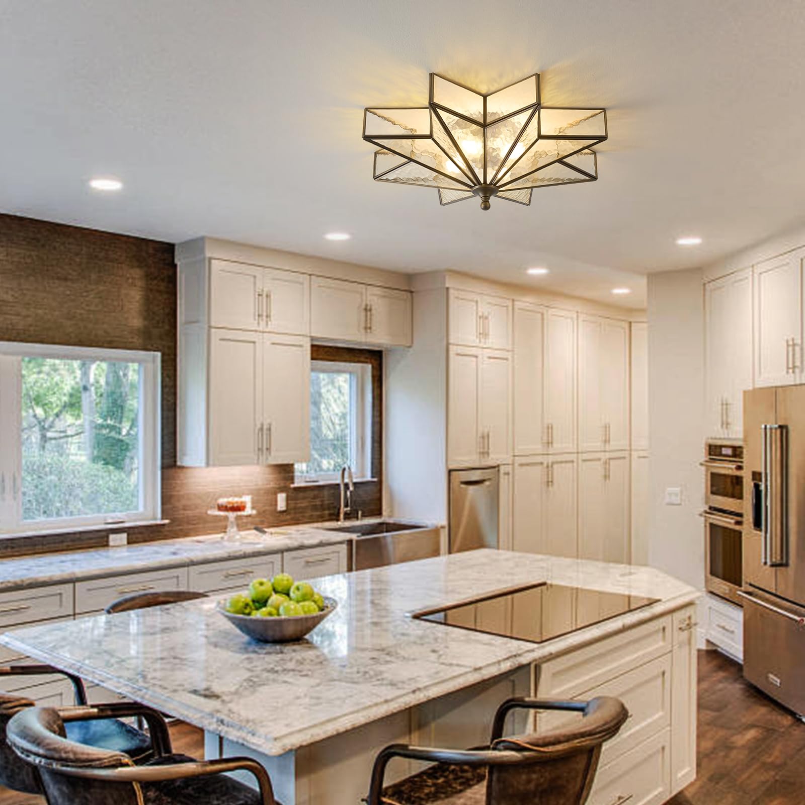 Black Bronze Star Ceiling Light - 19.5 Inch Brass Hammered Glass Large Flush Mount Fixture - Unique Art Deco Mid Century Vintage Moravian Lighting Lights For Bedroom Dining Foyer Living Room Fixtures