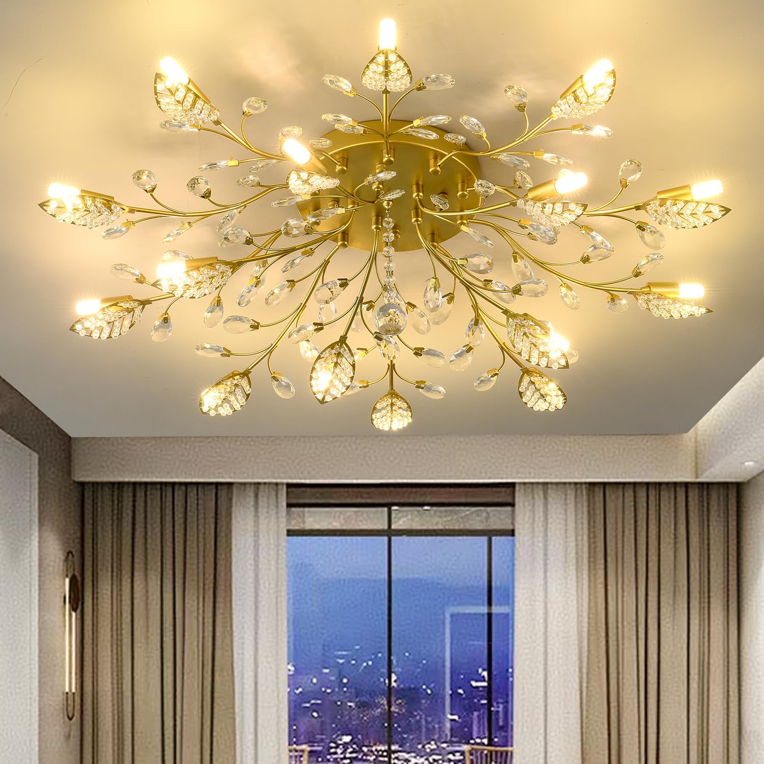 Crystal Ceiling Light Fixture Gold Leaves Semi Flush Mount Ceiling Lights Kitchen Lighting Fixtures Ceiling for Bedroom Living Room Dining Room Hallway