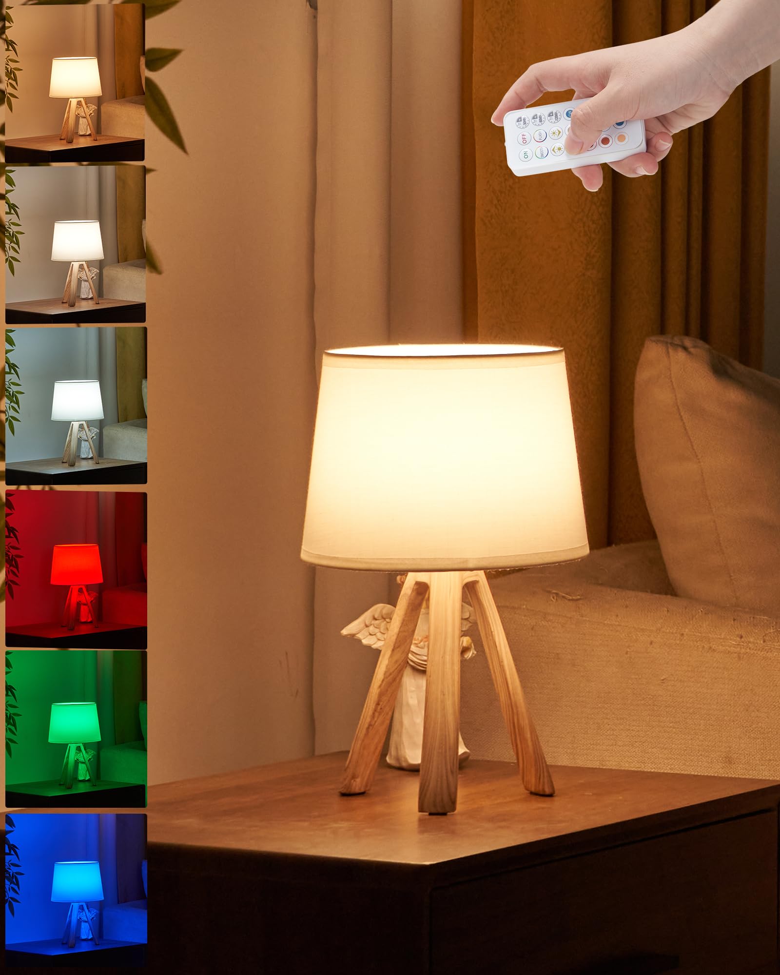 UMEXUS Cordless Table Lamp with Timer & Dimmer, Rechargeable Battery, Remote Control Bedside Lamp, Fabric White Shade, Small Tri
