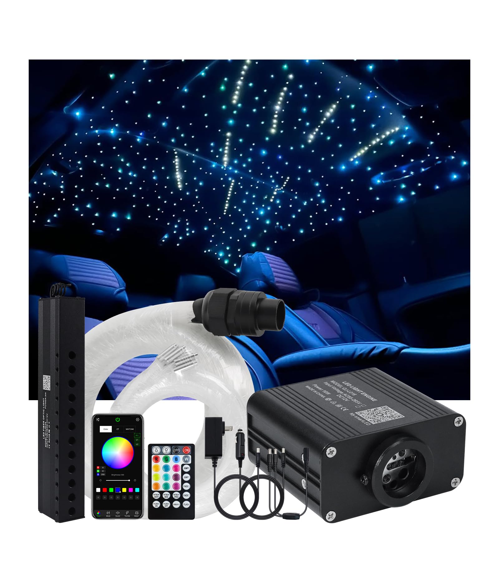 Starlight Headliner Kit 500 Piece Twinkle 0.03in(6.5ft/2m) with White Meteor Fiber Optic Light Kits Car Roof Lights RGBW Music A