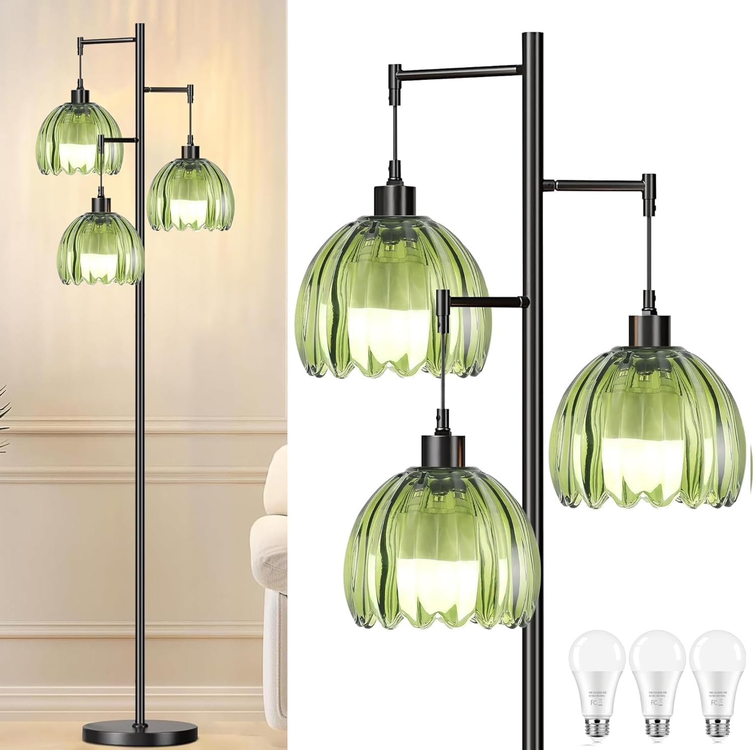 Qiyizm Glass Gold Floor Lamp For Living Room,Bedroom,Mid Century Modern Standing Lamp Brass Tree 3 Light Tall Floor Lamps Vintag