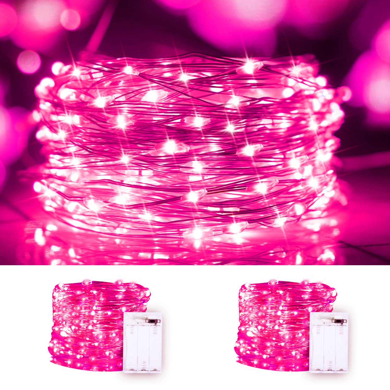 Pink String Lights Valentine's Day Decor, 2 Pack 100LED Copper String Lights Battery Operated Fairy Lights Waterproof Twinkle Lights for Home, Bedroom, Garden, Patio, Outdoor, Christmas Decor-Pink