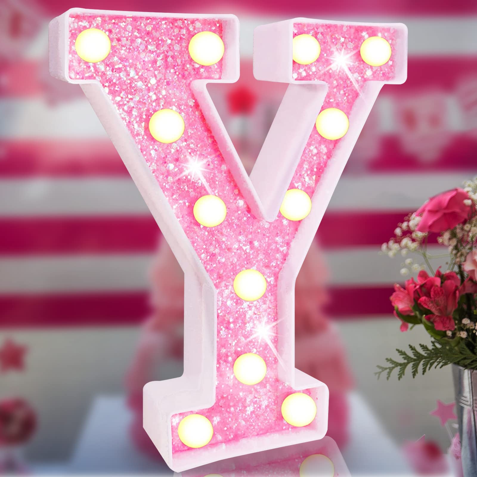 Elnsivo Light Up Letters Pink LED Marquee Sign for Girls Bedroom, Battery Powered, Glitter Alphabet Lights