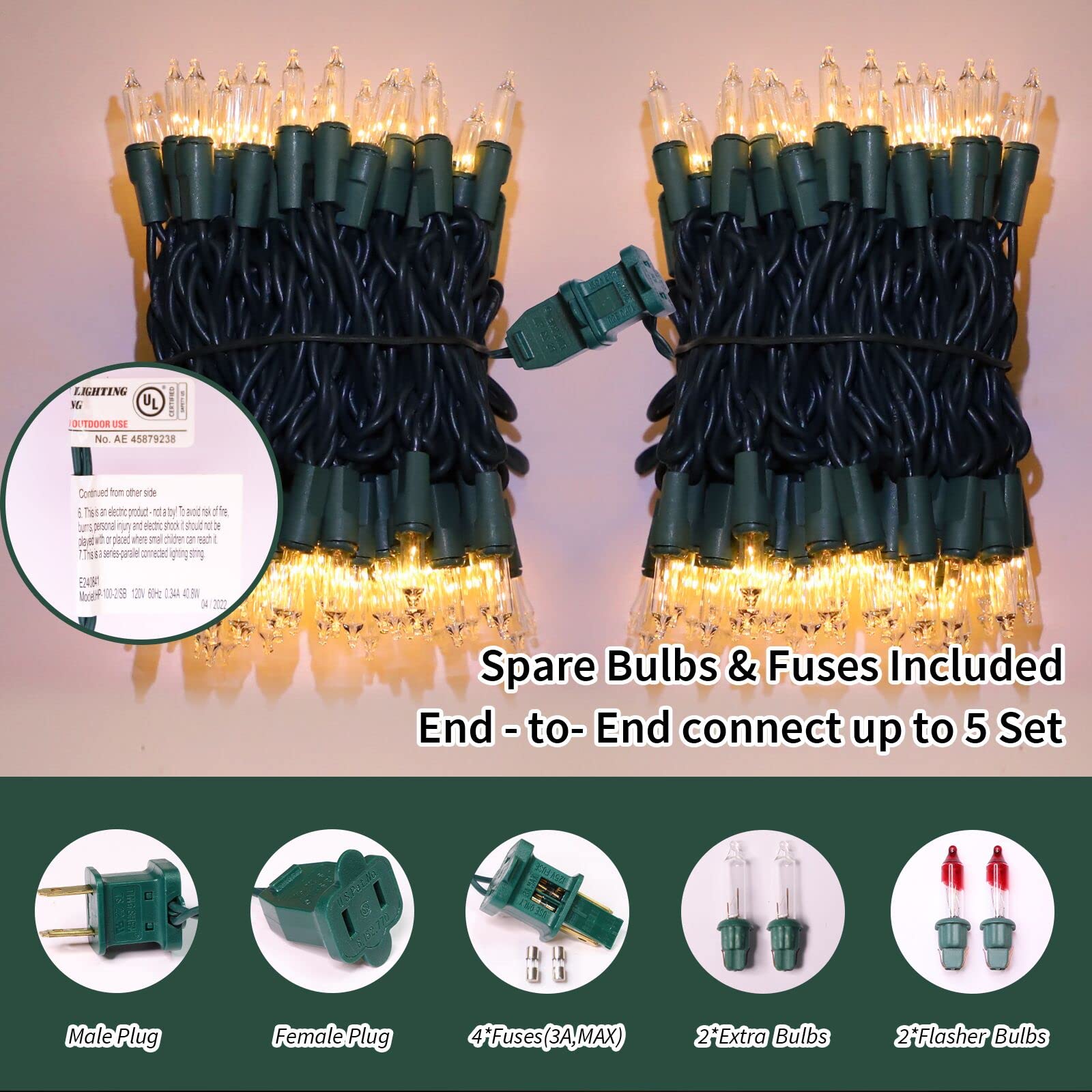 Lamphome Super-Bright Extendable Warm White Christmas Lights Decoration 100Lights 19.6Ft Ul Certified Mini Bulb String Lights Set For Outdoor Christmas Tree Garden Holiday Party Patio Wedding Decor