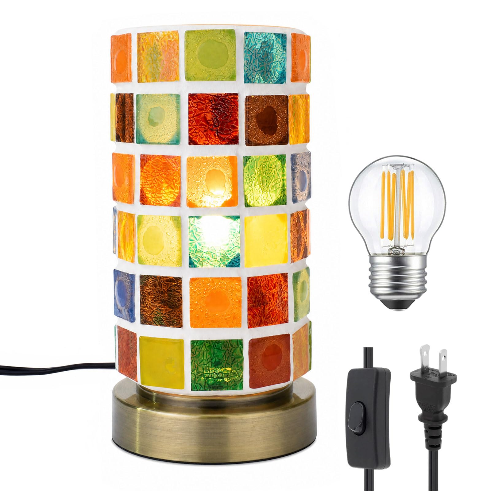 Mosaic Stained Glass Table Lamp for Bedroom Bedside, Bohemian Turkish Small Nightstand Lamp Night Light, Metal Base Round Colore
