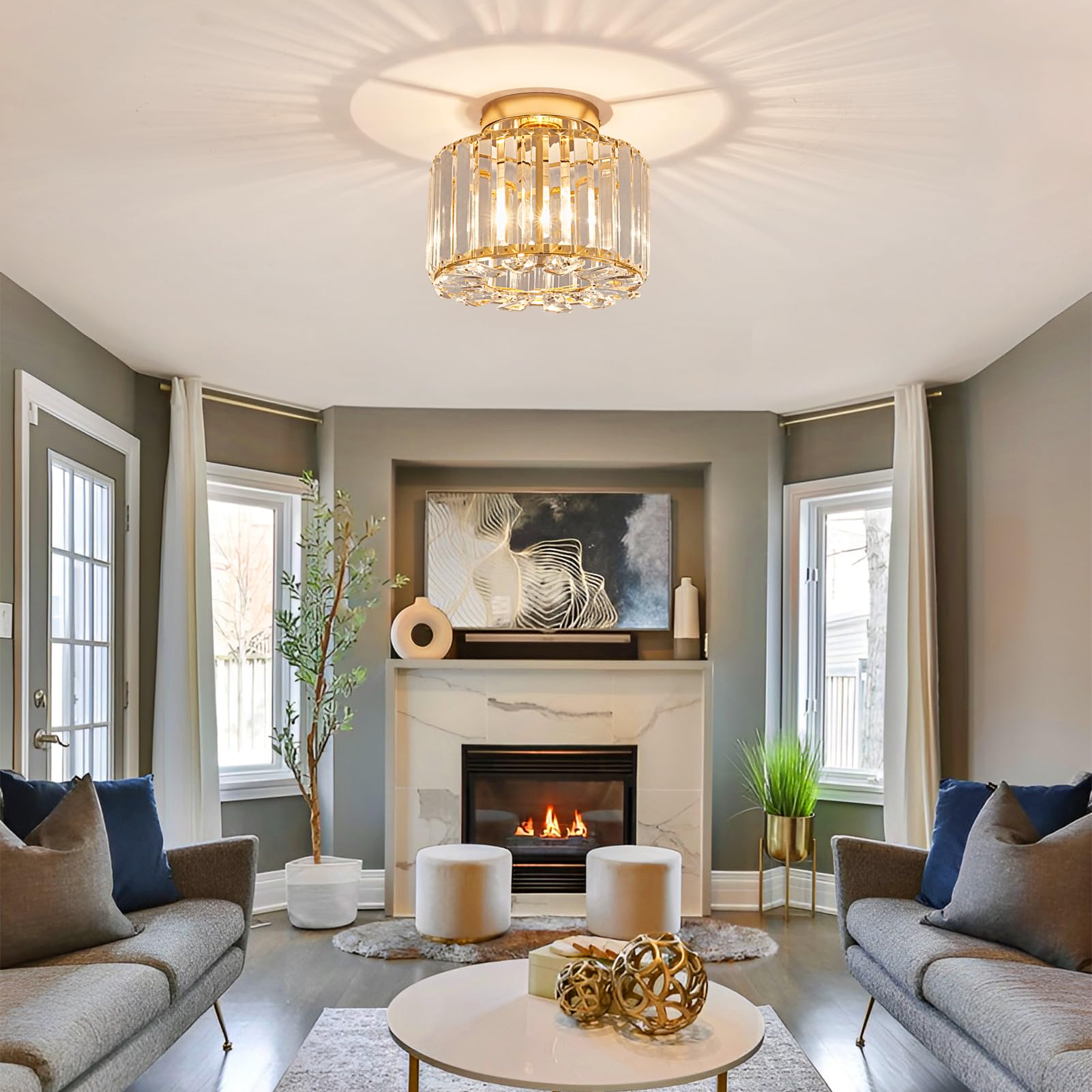 Xieyor Elegant Gold Crystal Chandelier - Modern Semi Flush Mount Ceiling Light Fixtures For Hallway, Kitchen, Bedroom, Living Room, And More