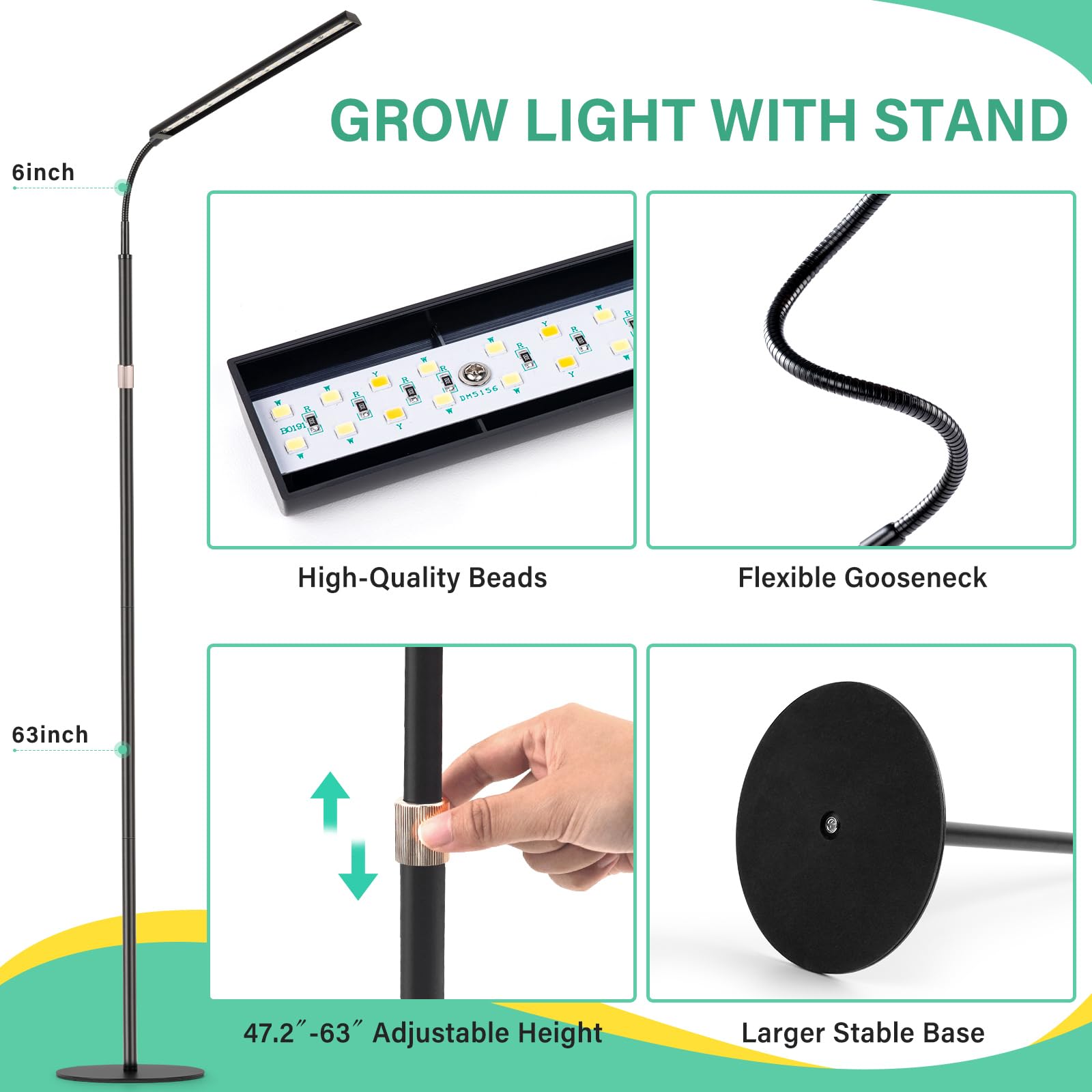 Foxgarden® Grow Light, Full Spectrum Plant Light Strip With Extendable Stand For Indoor Plants, 47.2-63 Inches Height Adjustable, Auto On/Off Timer 4/8/12H, Flexible Gooseneck, 4 Dimmable Brightness