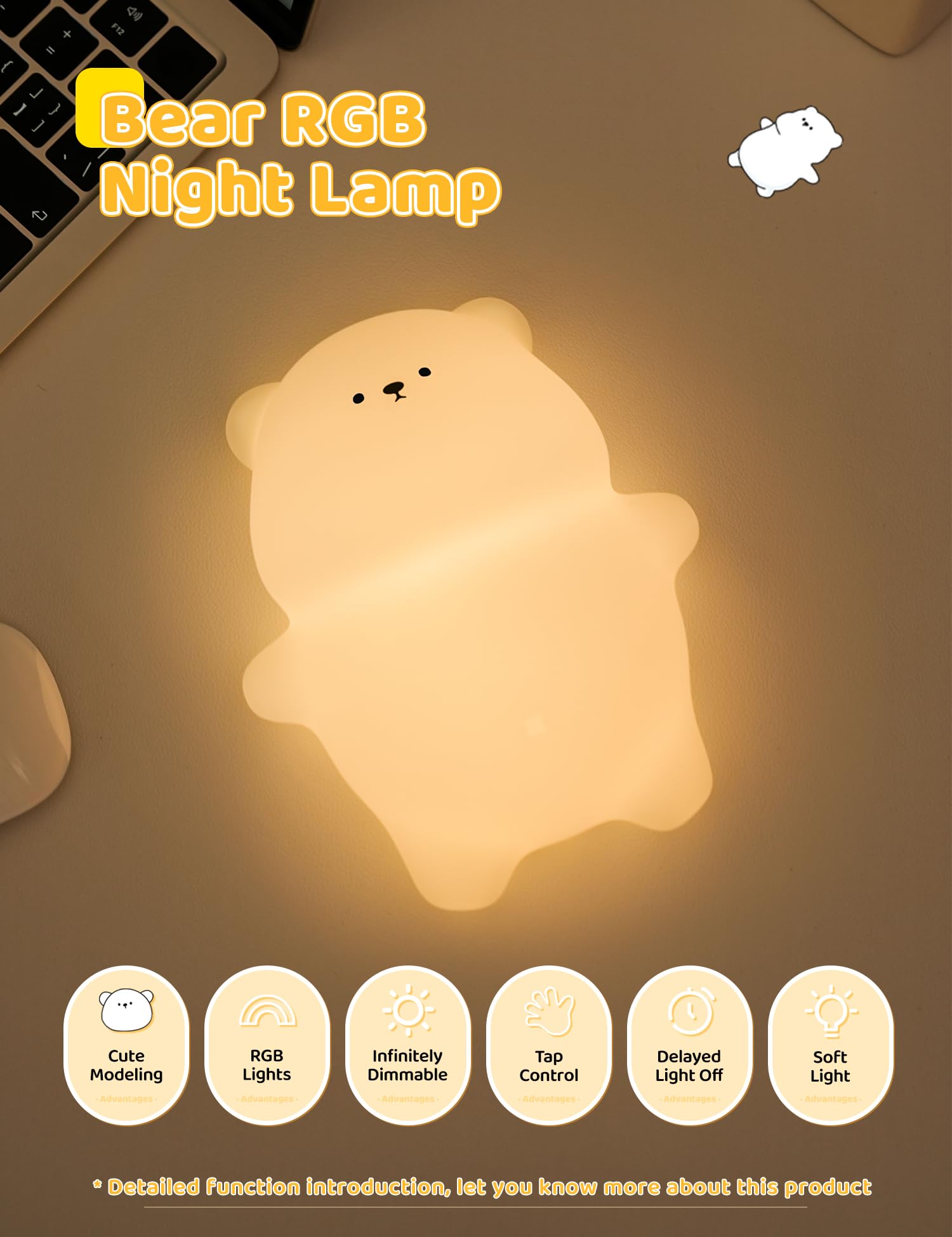 WANIDEA Night Light for Kids, Rechargeable Silicone Bear Light, 7 Color RGB, 3 Dimming Levels, Cute Nursery Decoration