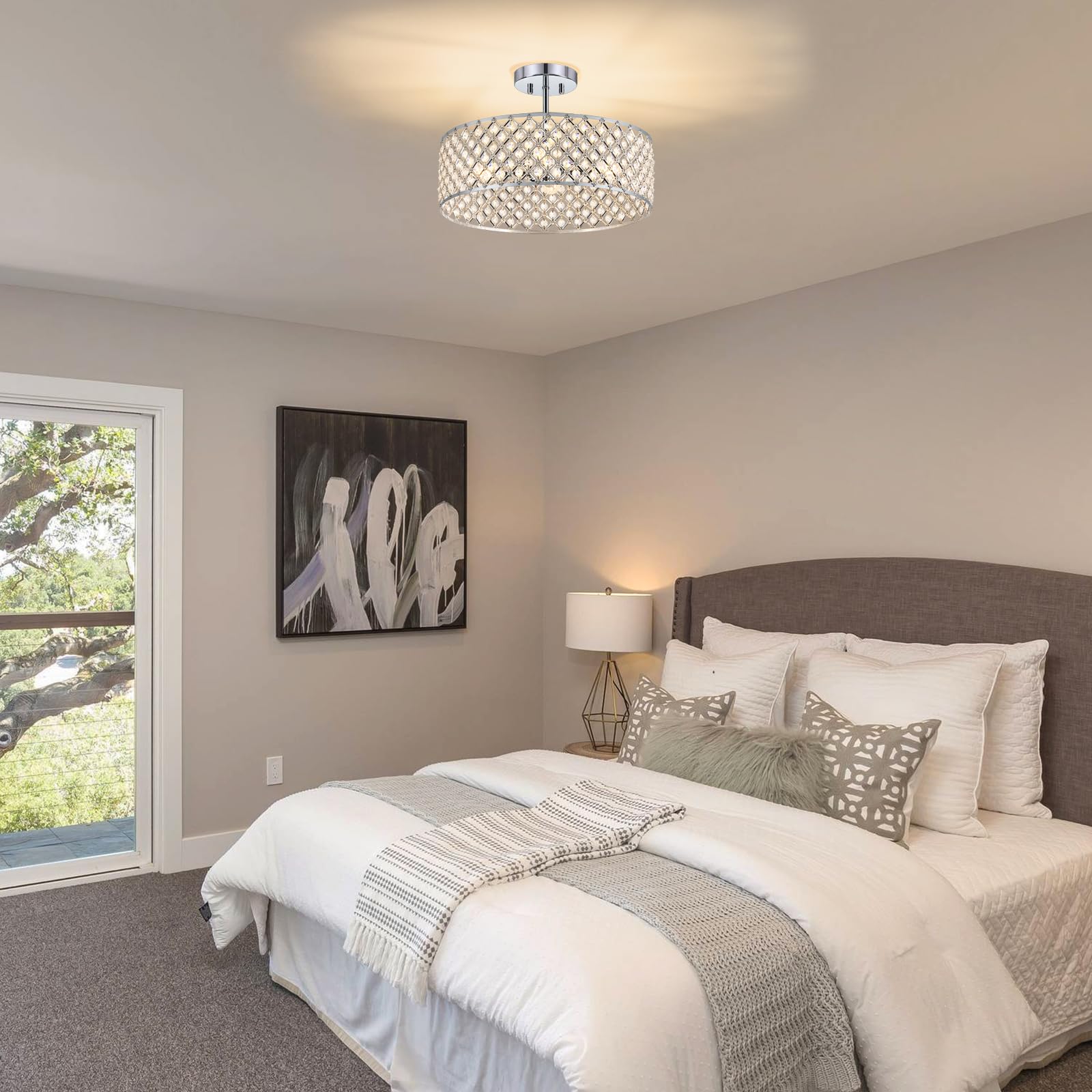 Bzvesr Chrome Crystal Ceiling Light Fixture Modern Semi Flush Mount Ceiling Lighting Fixture Round Small Chandelier For Dining Room  Hallway  Entryway  Kitchen  Bedroom Foyer 4 Light 15.7 Inch