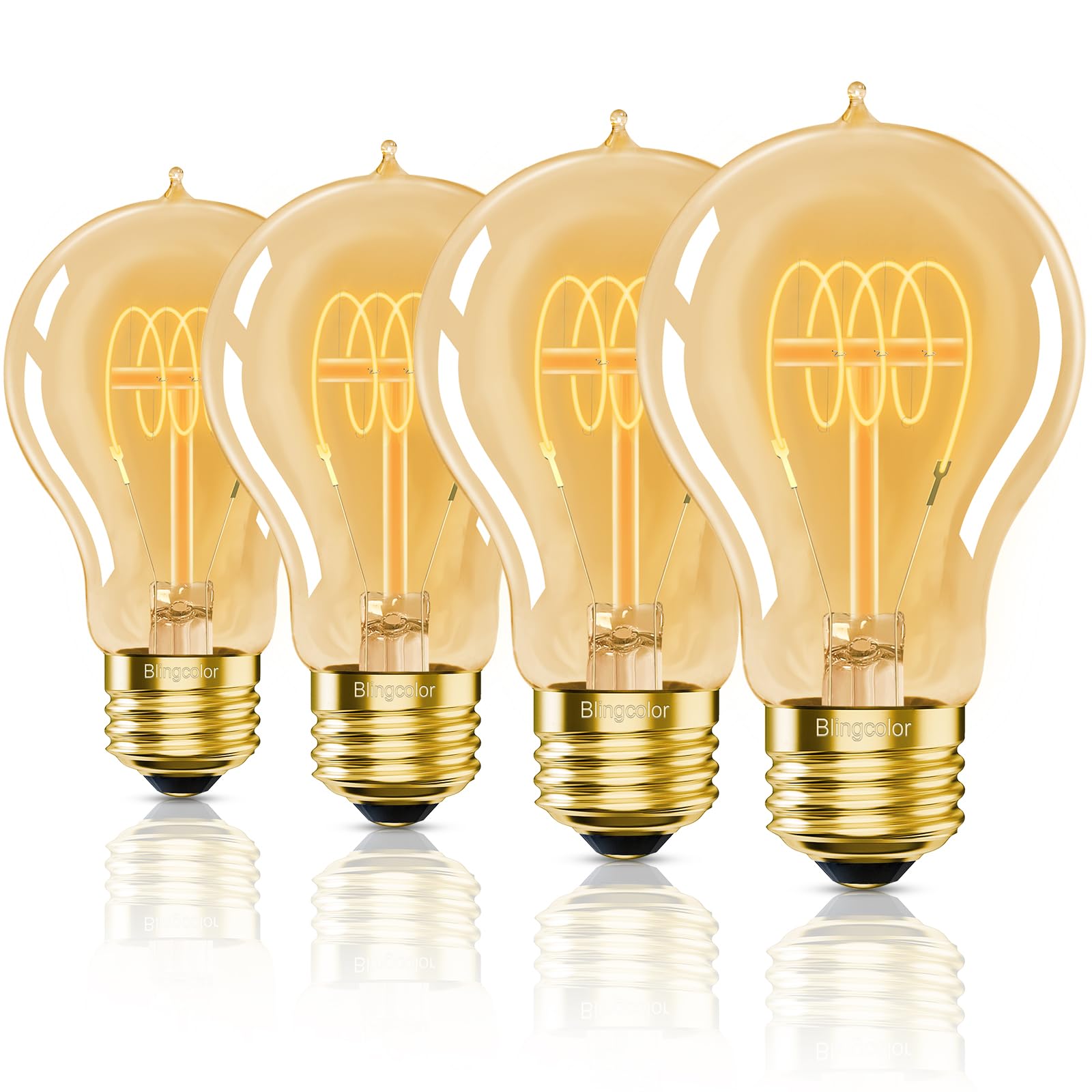 BLINGCOLOR A19 Vintage LED Edison Bulbs 60 Watt Equivalent, 4-Pack Dimmable E26 LED Bulbs 60 Watt, Amber Warm 2200K Decorative L