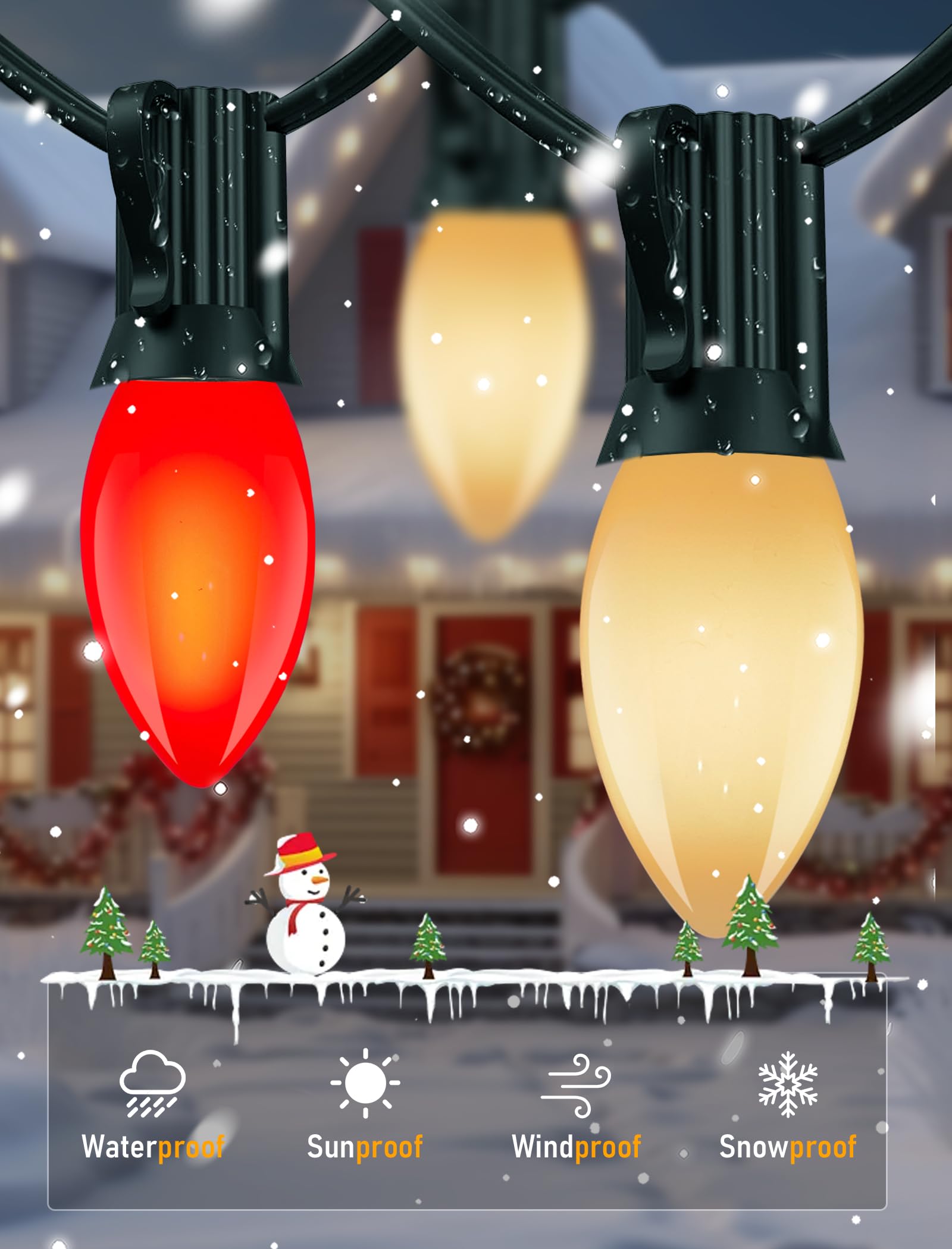 25Ft Led C9 Red And White Christmas Lights Outdoor, C9 Vintage Christmas Lights With 26 Led Red And White Bulbs, Hanging Outdoor