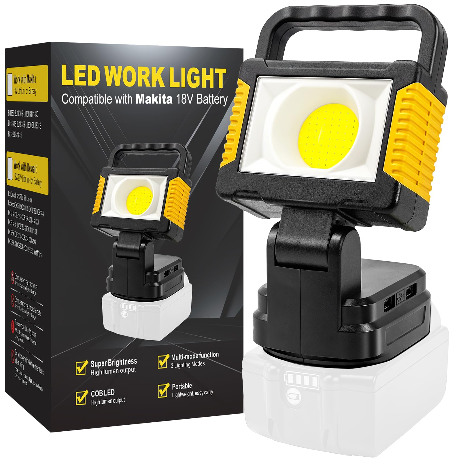 SYLSTAR Cordless Work Light for Makita 18V Max Battery, 25W 2500LM COB Led Flood Light with 3 Modes,135 Foldable, Dual USB Charg