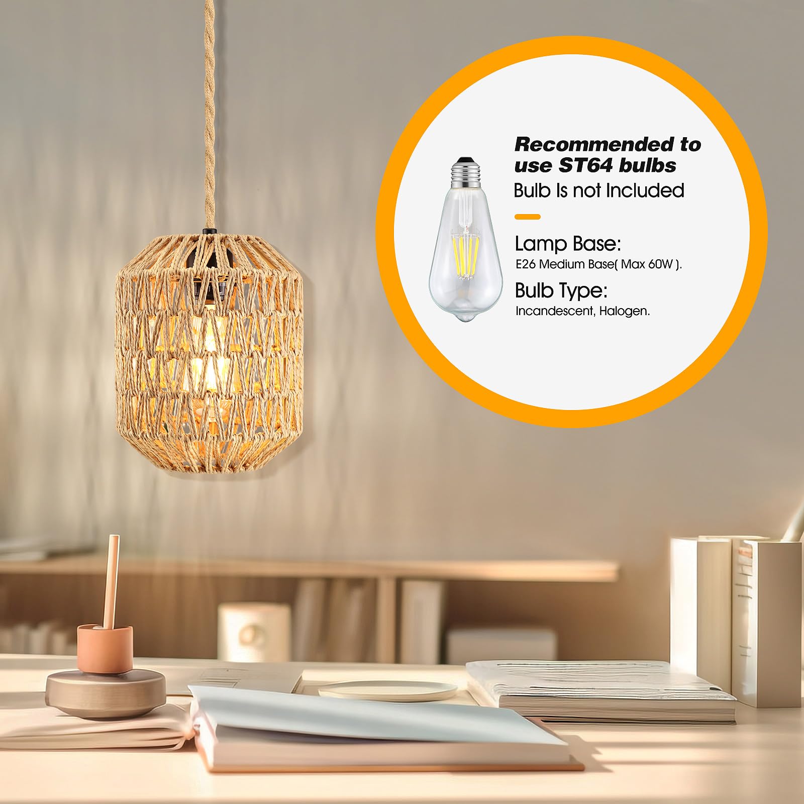 Slyymy Plug In Pendant Light, 15Ft Hemp Rope Cord,Hanging Lights With Plug In Cord On/Off Rattan Hanging Lamp Wicker Woven Baske