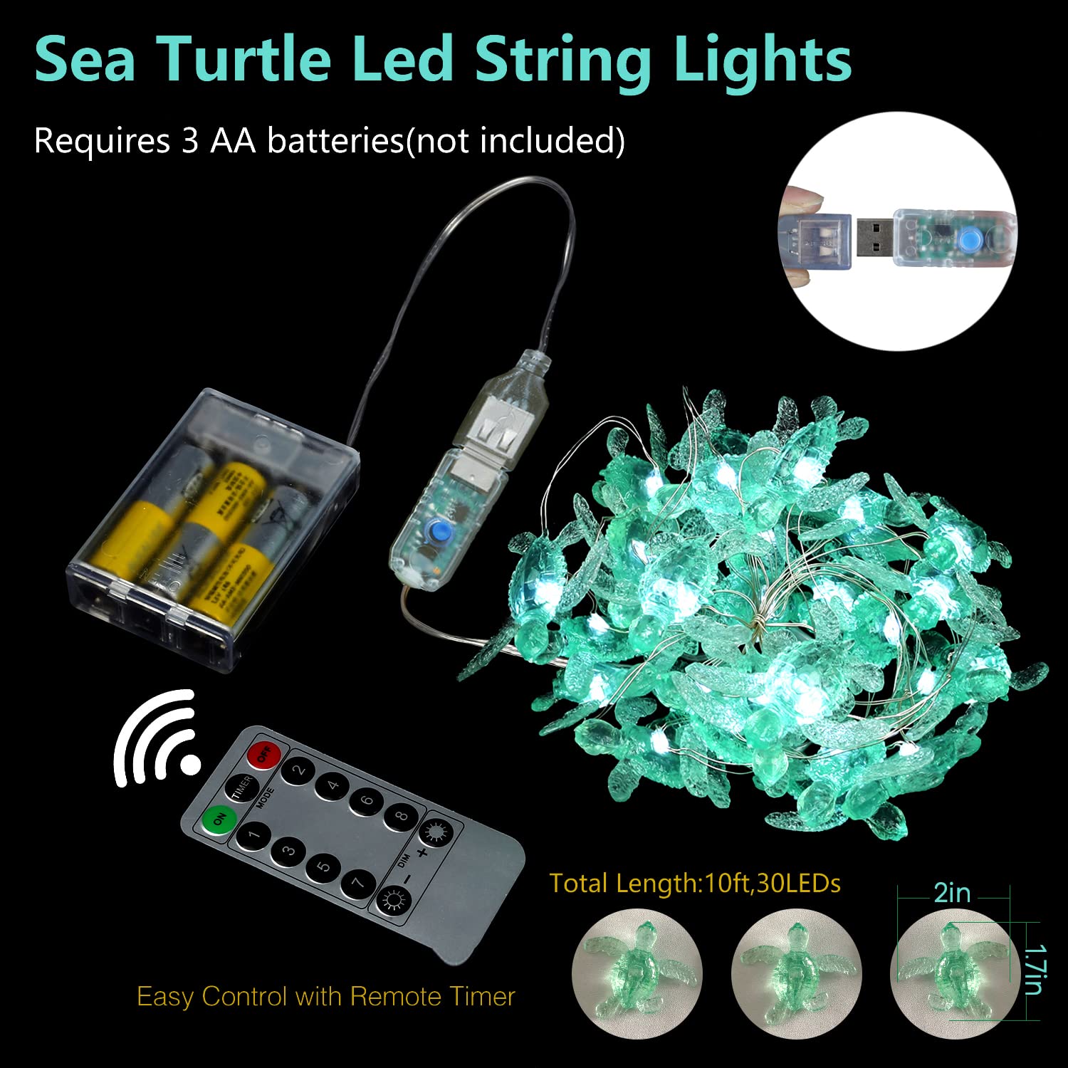 Jashika Green Sea Turtle String Lights - 10Ft 30 Leds, Usb Powered, Remote Control, Ocean Decor