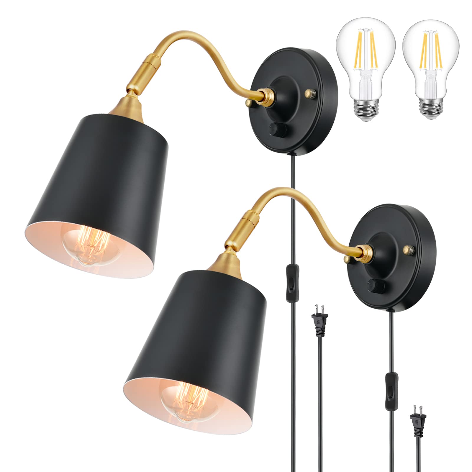 TRLIFE Wall Sconces, Dimmable Adjustable Angle, 2 Pack, Black, Brass, Model Gogol-SMe-2P, Includes 2 Bulbs