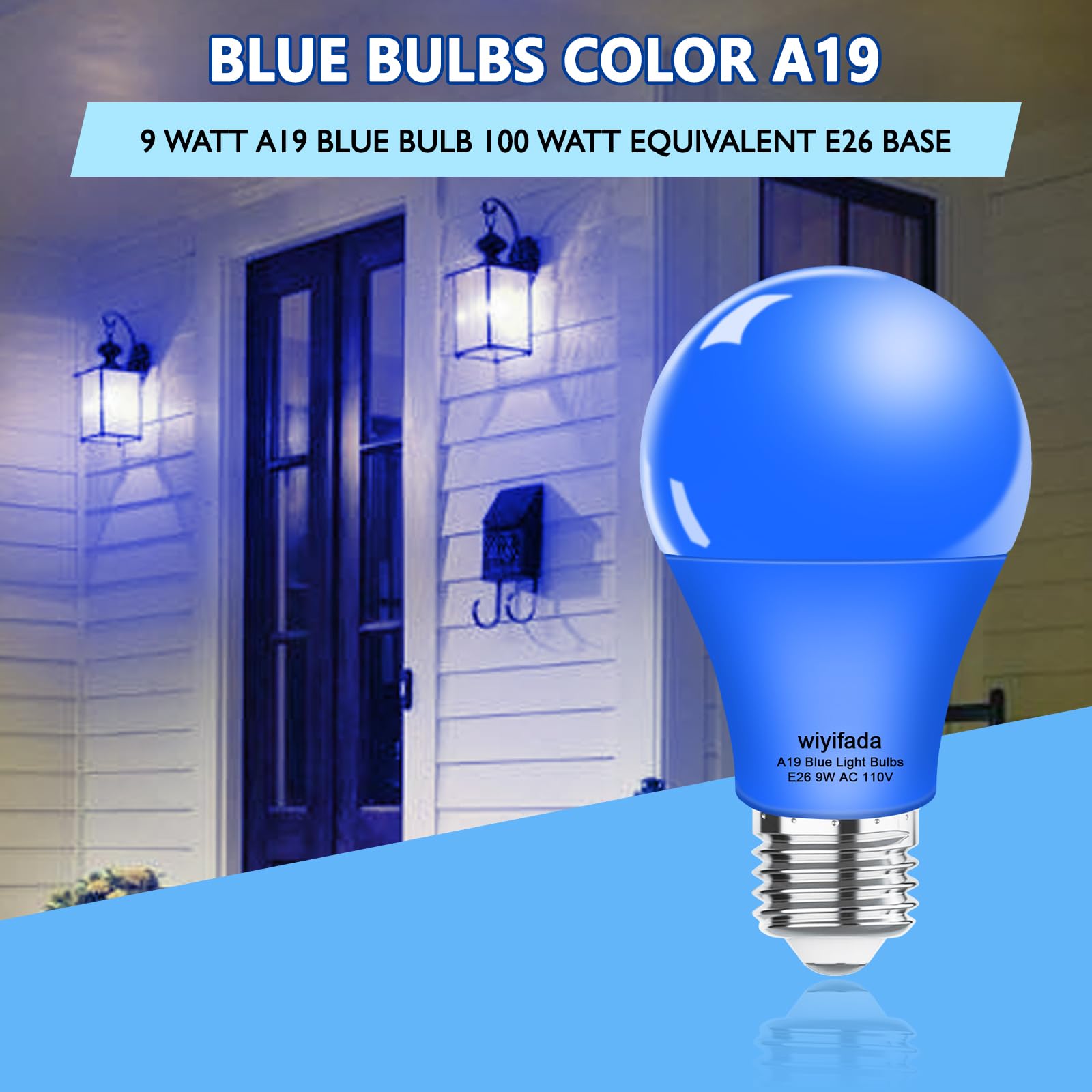Wiyifada 4 Pack A19 Led Blue Light Bulbs,110V E26 Christmas Blue Led Lights 9W Replace Up To 100W,Dimmable Colored Light Bulbs F