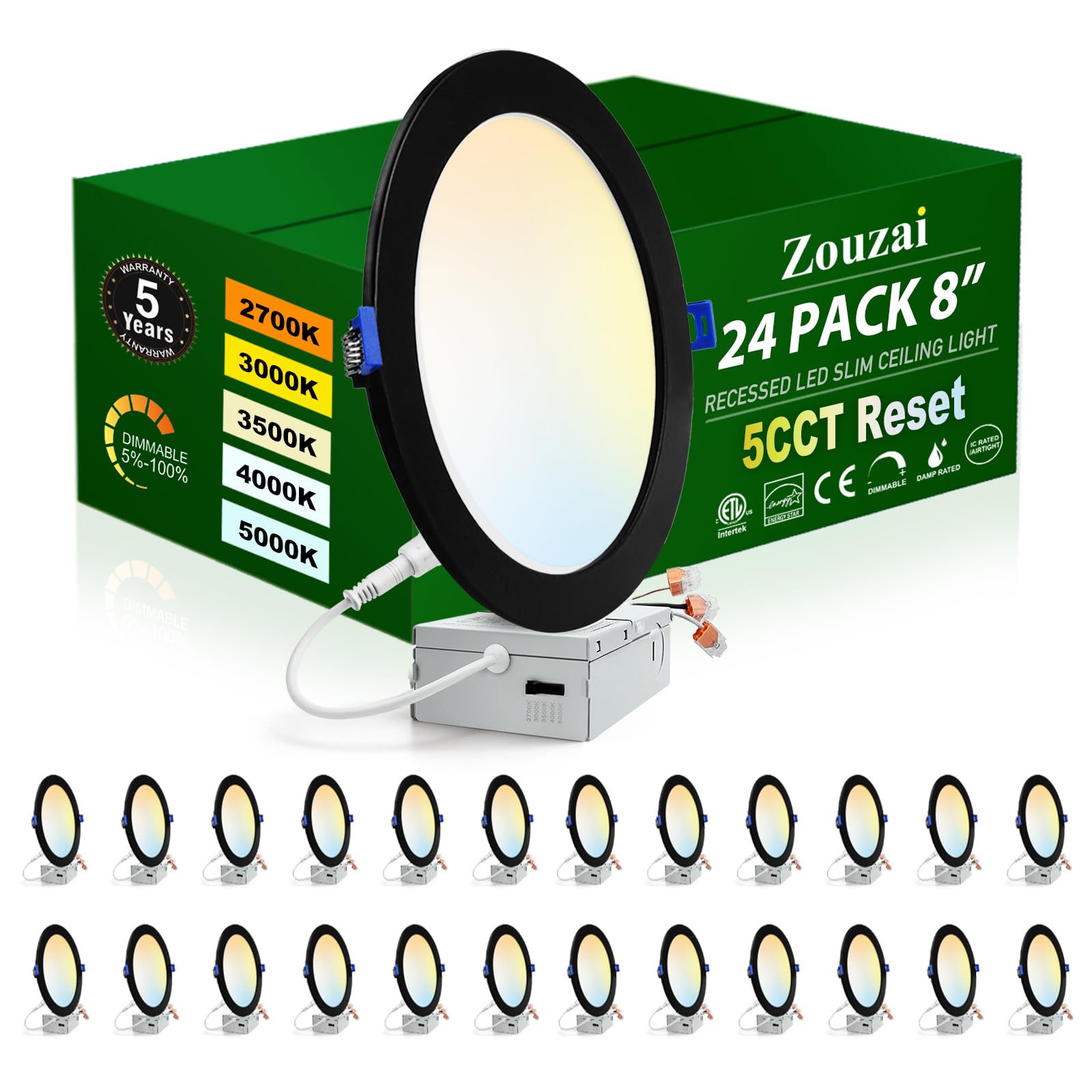 zouzai LED Recessed Ceiling Light 24 Pack Dimmable 8 Inch 5CCT Selectable Black Aluminum Model LBT-SRPL-09C