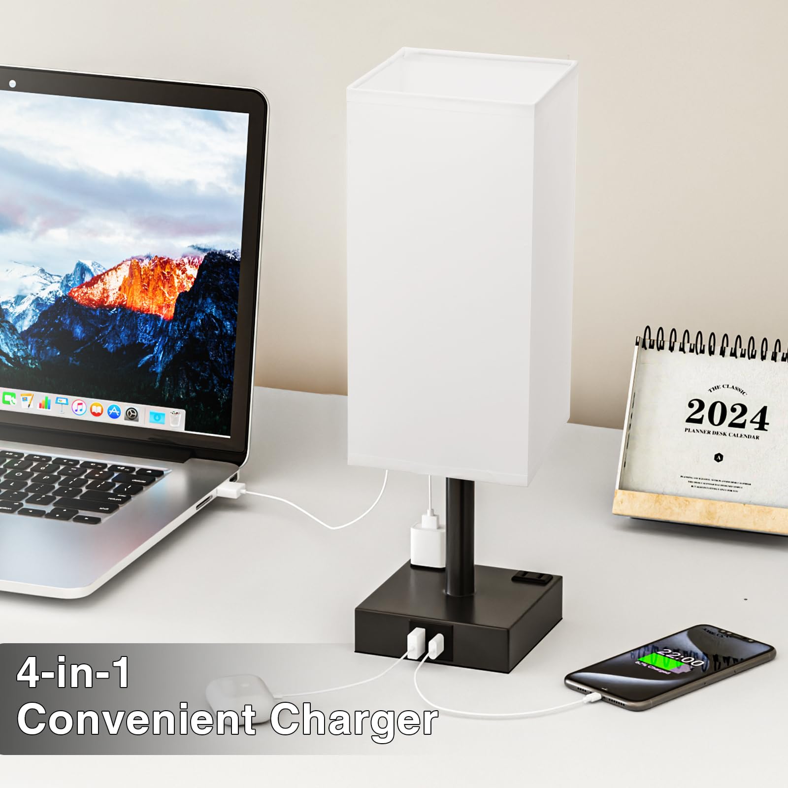 aooshine Touch Bedside Table Lamp - 3-Way Dimmable, USB A & Type C Ports, AC Outlets, 14in, Plastic, White & Black, Model 3