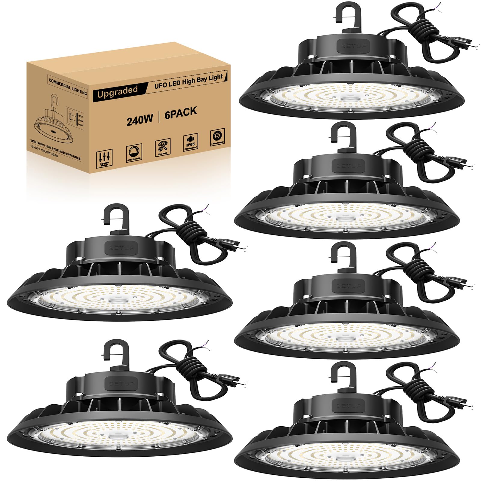 JC-LGL UFO LED High Bay Light 240W 6 Pack, High Bay LED Shop Light 36,000LM 0-10V Dimmable, 5' Cable with US Plug, Hanging Hook,