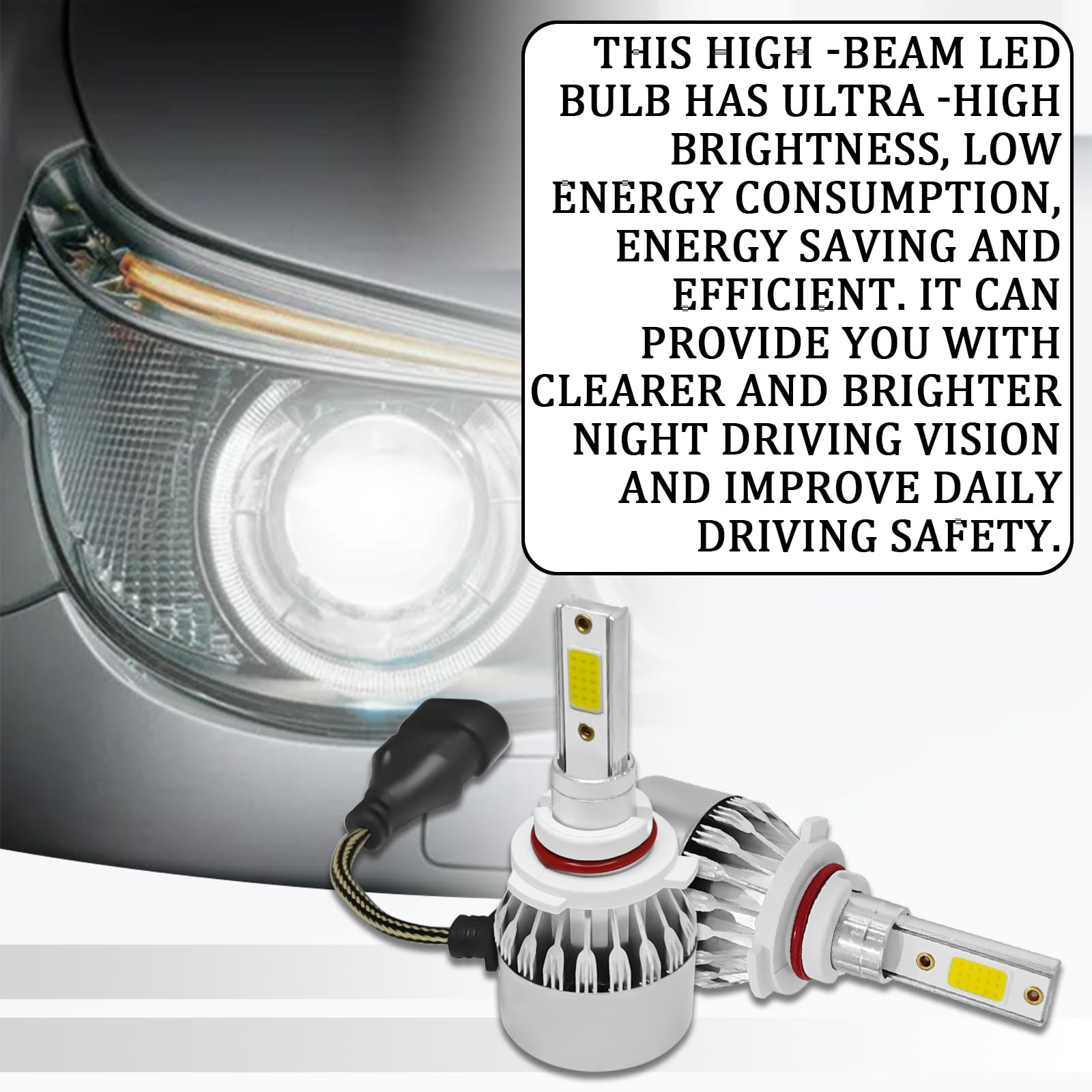 Tobenbone 9005/HB3 LED Headlight Bulbs, 3800LM, 6000K, Waterproof, C6 Model, Silver, Plug & Play, High/Low Beam