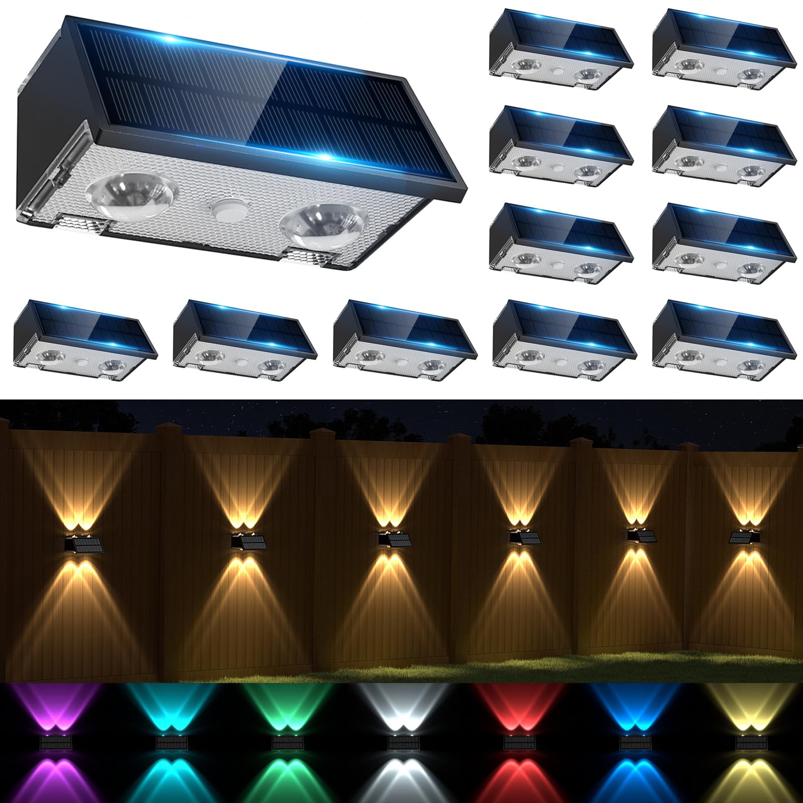 SIAFAVOI Solar Fence Lights Outdoor, 12 Pack Warm & Cool White RGB LED IP68 Waterproof Wall Mount Sconce Up & Down Solar Lights 