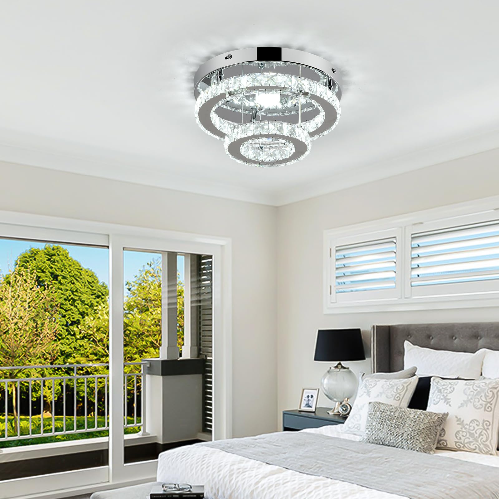 Rheafon Modern Crystal Chandelier 2-Layer Round Crystal Led Ceiling Light Fixture Flush Mount Chandelier Light With Crystals For