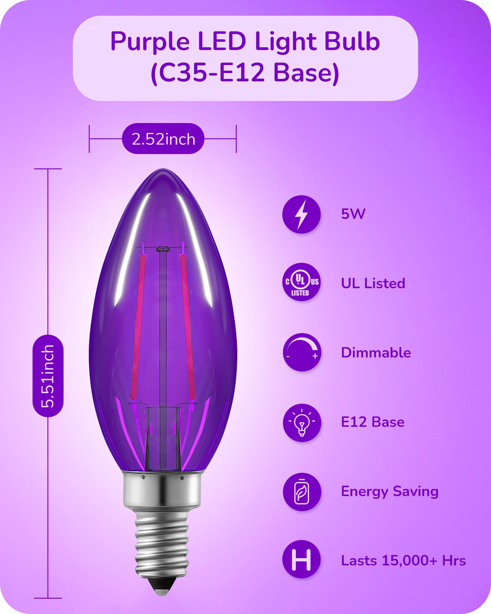 Edishine C35 Purple Dimmable Led Light Bulbs, 5W Equivalent 60W, Led Filament Light Bulb, 6 Pack E12 Socket, Clear Glass Edison