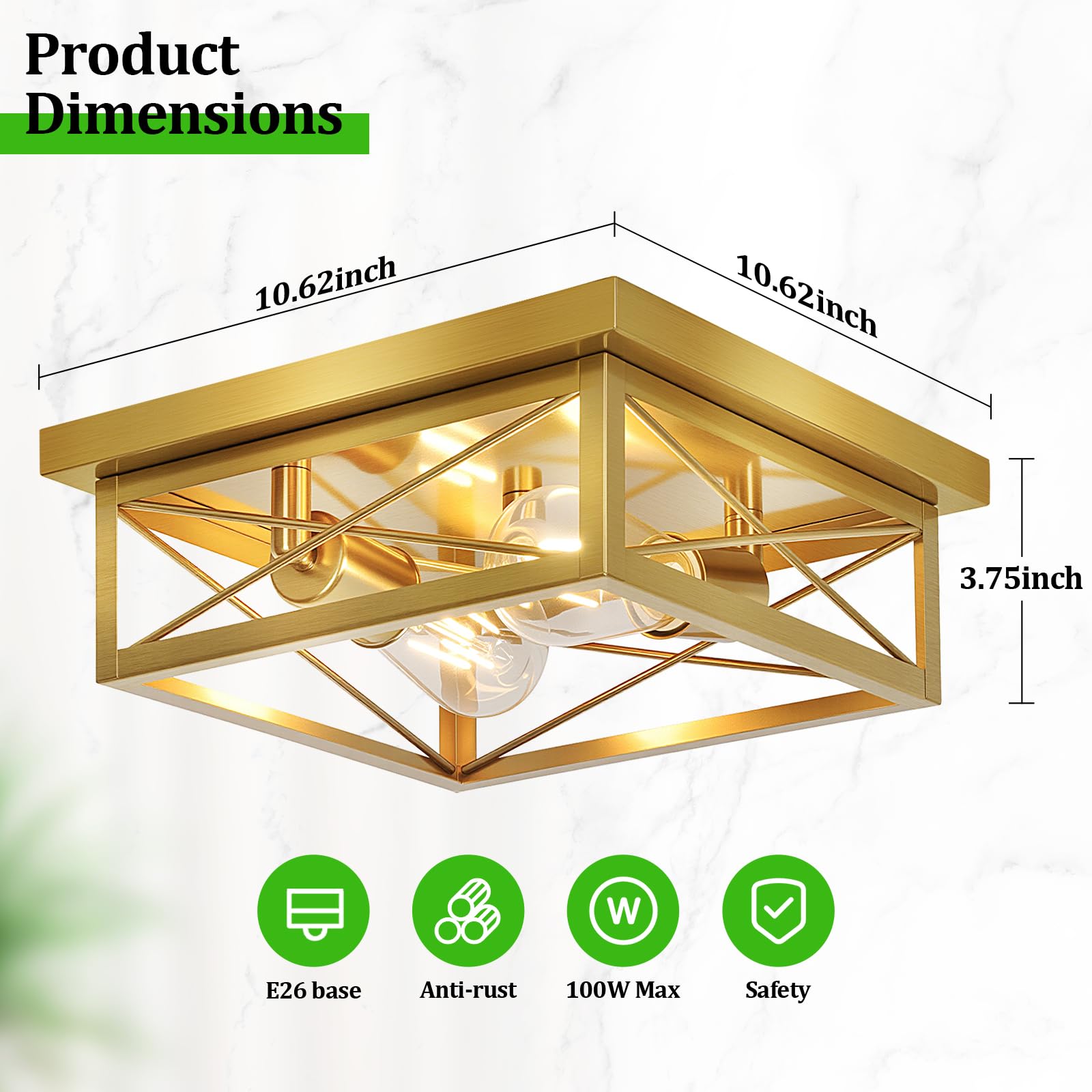 Kondras 2-Light Flush Mount Ceiling Lights, Brass Metal, Gold, 2-Pack, Model X11016P(2PK)