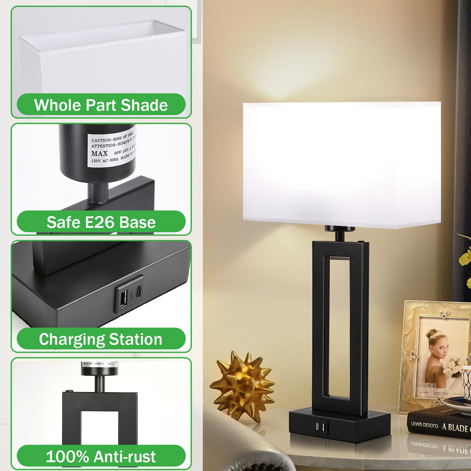 MoMyofdy Set of 2 Modern Table Lamps - Touch Control, 3 Way Dimmable, USB Charging, 20IN, White & Black, Model QL5166W-M