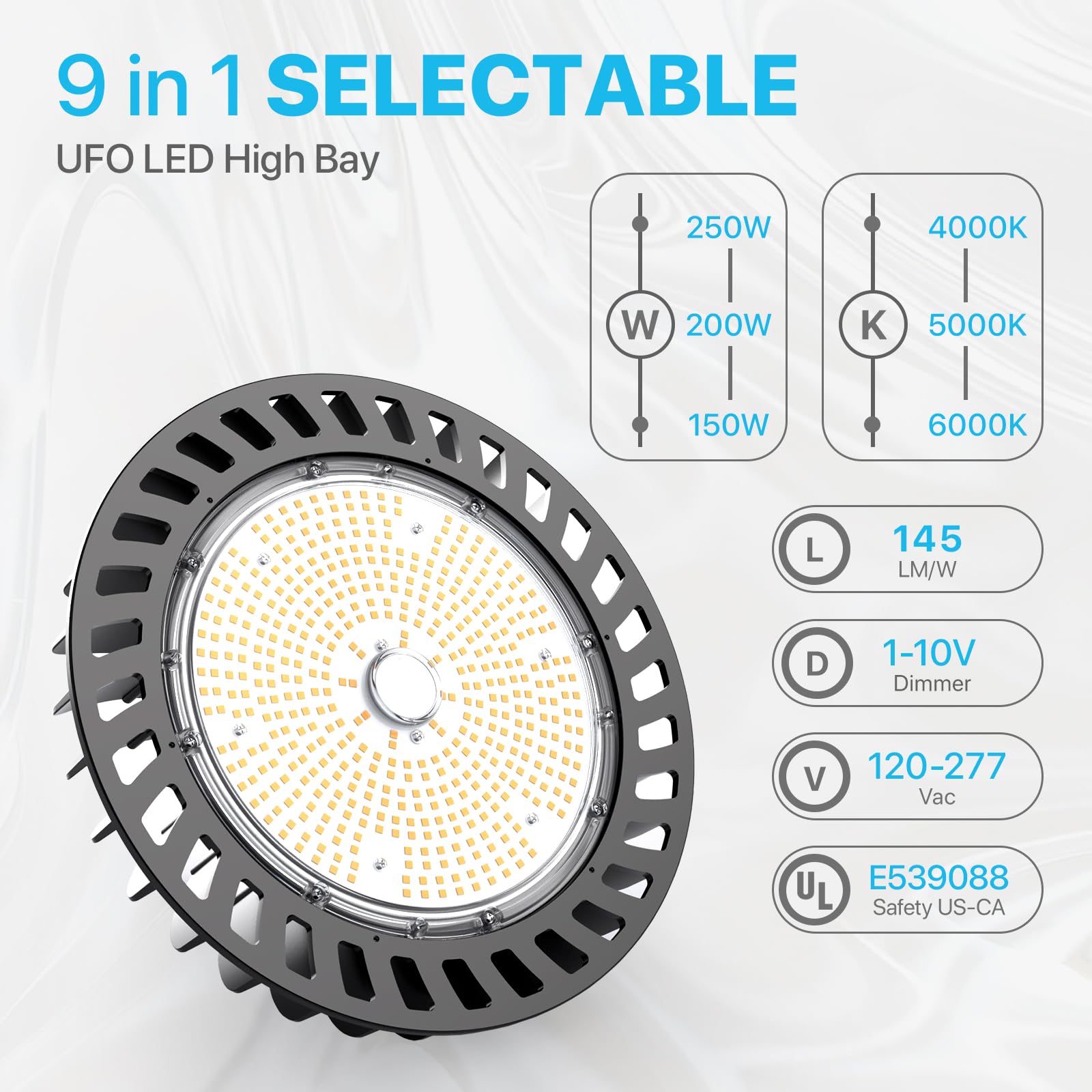Hyperlite 4Pack Led Ufo High Bay Lights 250W 36,250Lm 1-10V Dimmable 5000K 5' Cable With 110V Plug Hanging Hook Safe Rope Ul Lis