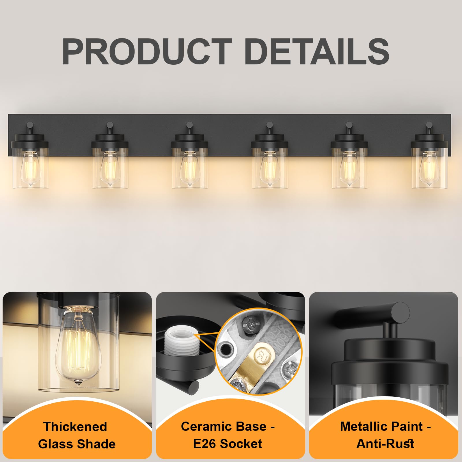 Izorro Bathroom Vanity Light Fixture  6-Light 43 Inch Matte Black Bathroom Light Fixtures Over Mirror  With Clear Glass Shade  Modern Farmhouse Vanity Lights  Rustic Restroom Lighting Fixtures
