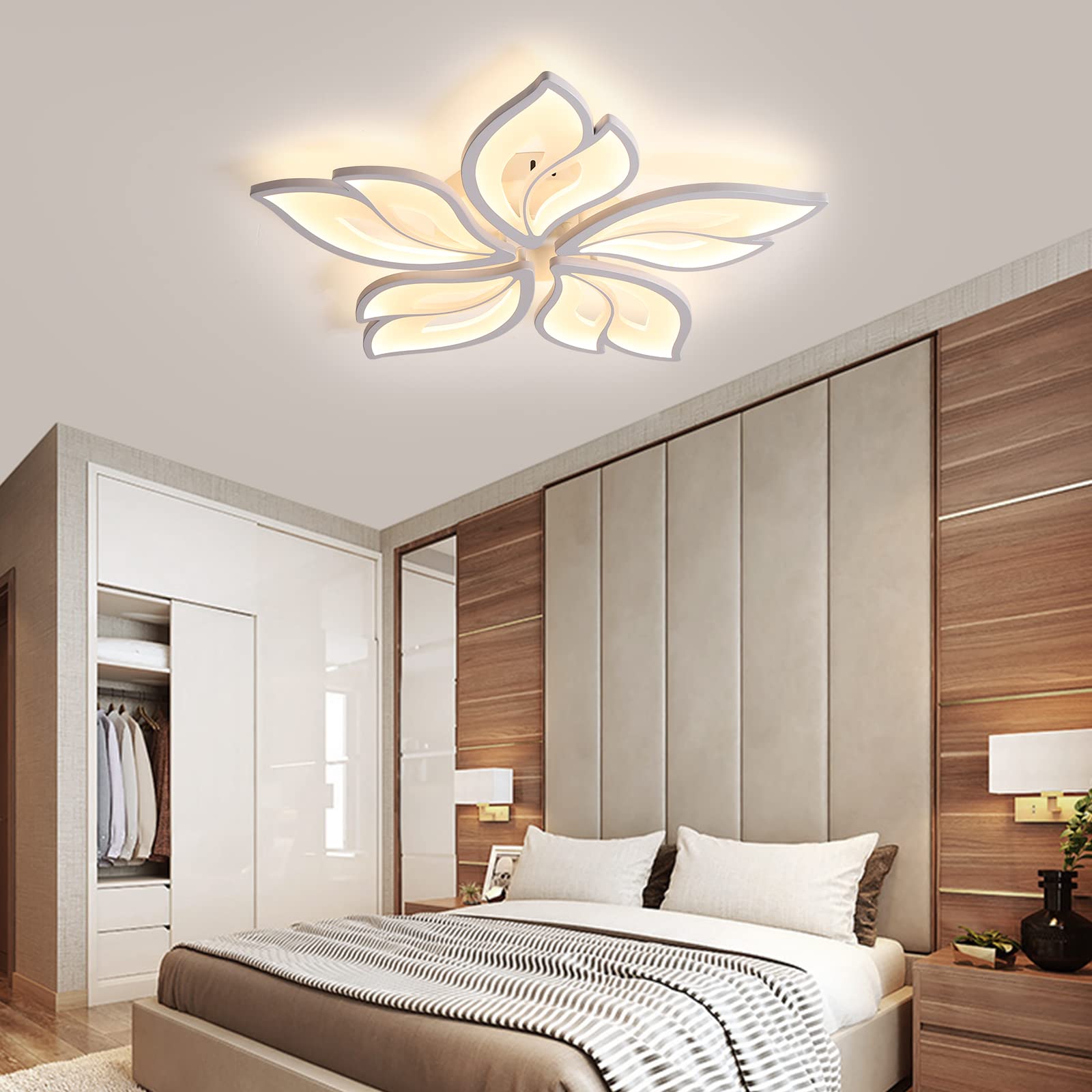 JAYMP LED Ceiling Light - Dimmable Flower Shaped Lamp with Remote Control, 25.6in, White/5 Petals, Model GB6105