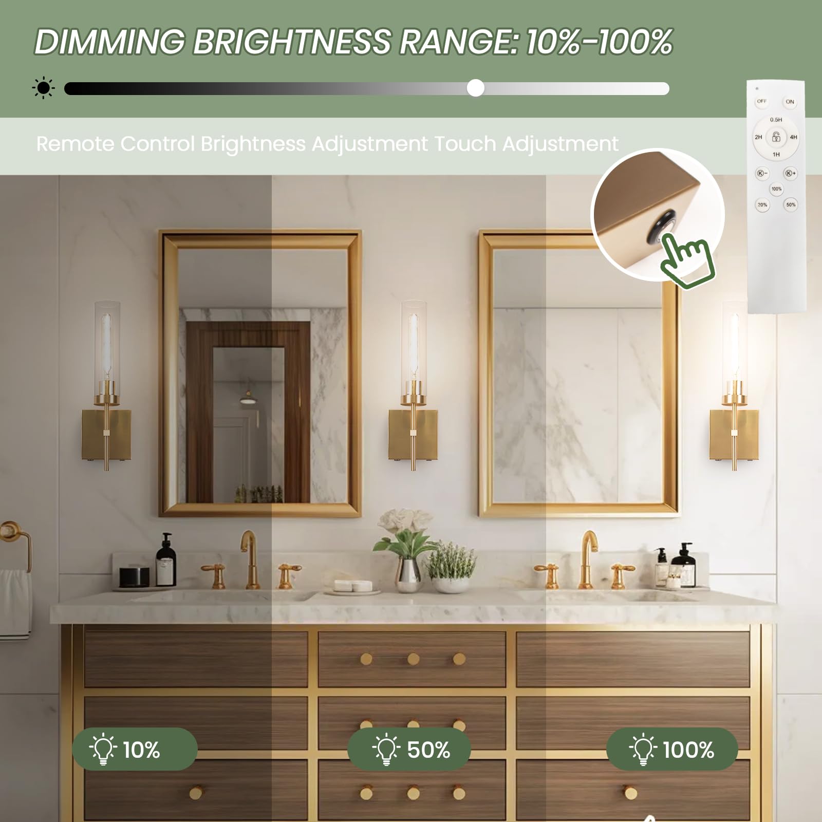 Loiogohot Wireless Wall Sconce - 15000mAh, 3000K Dimmable, Gold, Remote Control, Model WL-BN2426-GD, Battery Operated