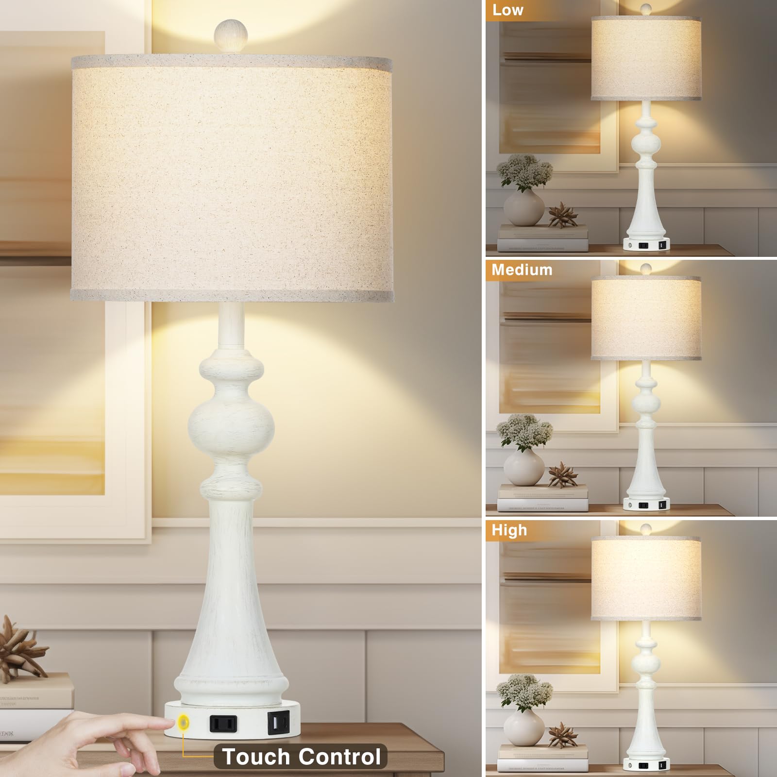 28'' Farmhouse Lamps Set Of 2 With Usb A+C Fast Ports & Ac Outlets, Vintage Rustic 3-Way Dimmable Touch Control Table Lamps, Rus