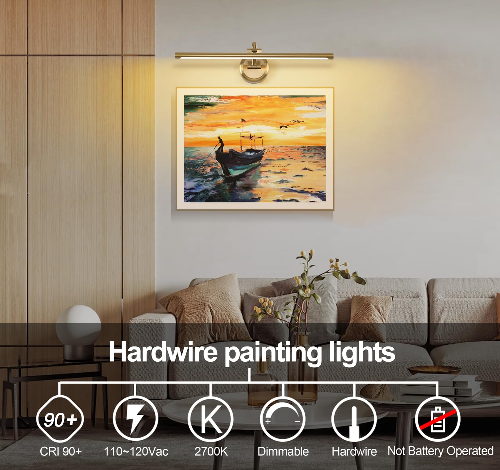 Hard-Wired Picture Lights 23.62 Inch Dimmable Led Wall Art Lighting Modern Brass Gallery Light Poster Lights Adjustable Swing Arm Picture Frame Light For Display Art Work 14W 2700K  Warm White