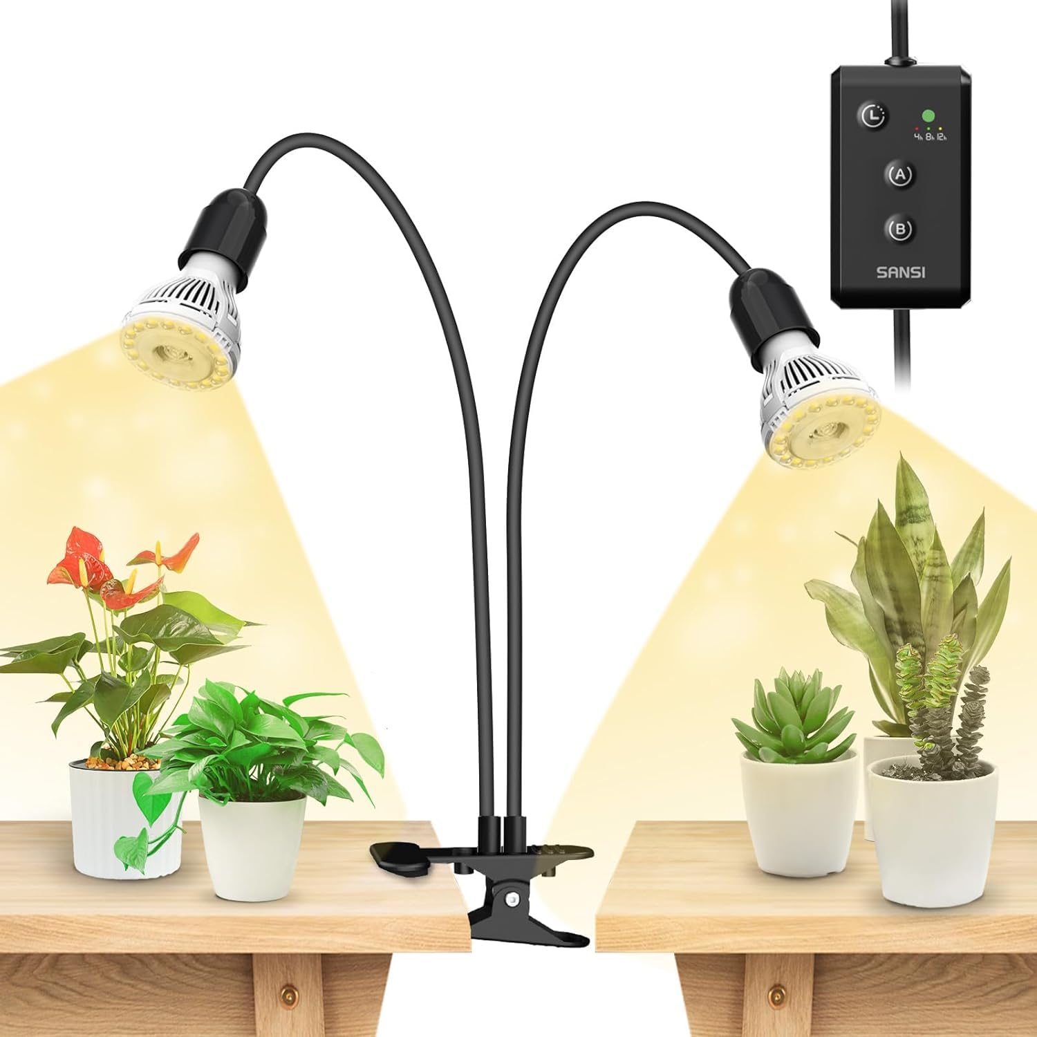 SANSI LED Grow Light, 300W Full Spectrum, Dual Gooseneck, Timer 4/8/12 Hrs, Black, Model C21GL-GE26-10W,