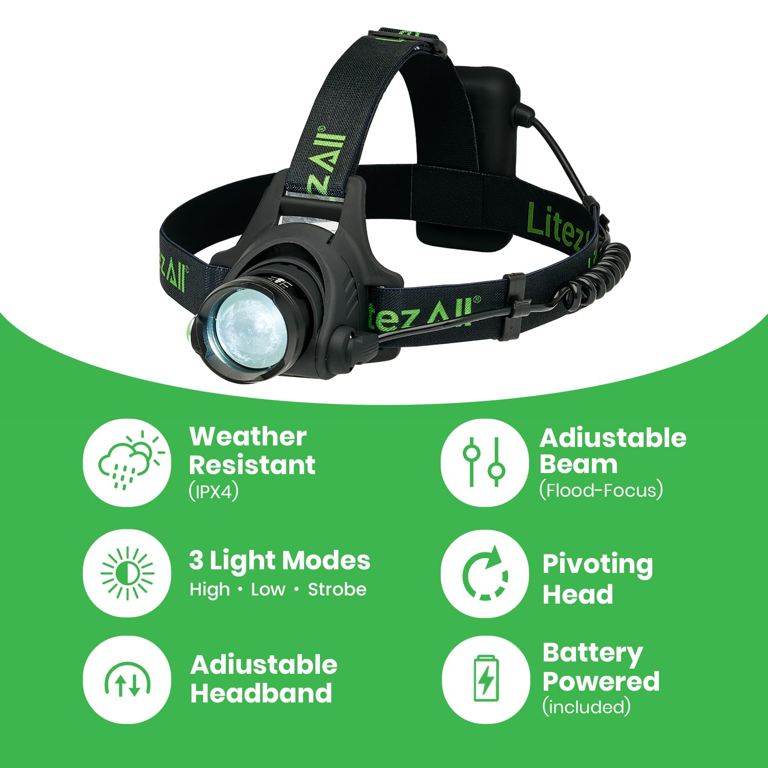 LitezAll LED Headlamp Work Light, 800 Lumen Adjustable Battery Powered Head lamp with 3 Modes, Weather Resistant Head Lamps Flas