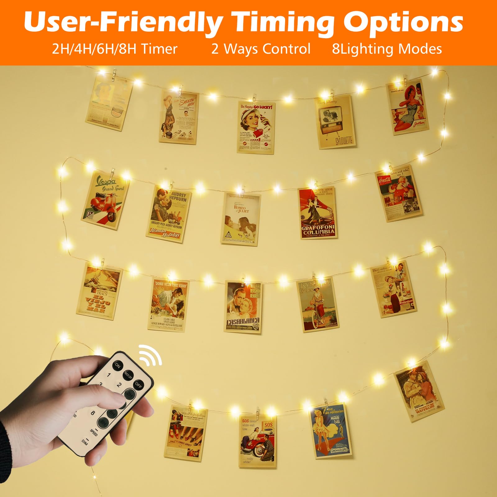 Bryubr 120 Led Photo Clips String Light With Remote, 40Ft Fairy Lights With 52 Clear Picture Clips, Timer & 8 Modes Usb Powered Copper Wire Lights For Dorm, Bedroom, Christmas, Party (Warm White)