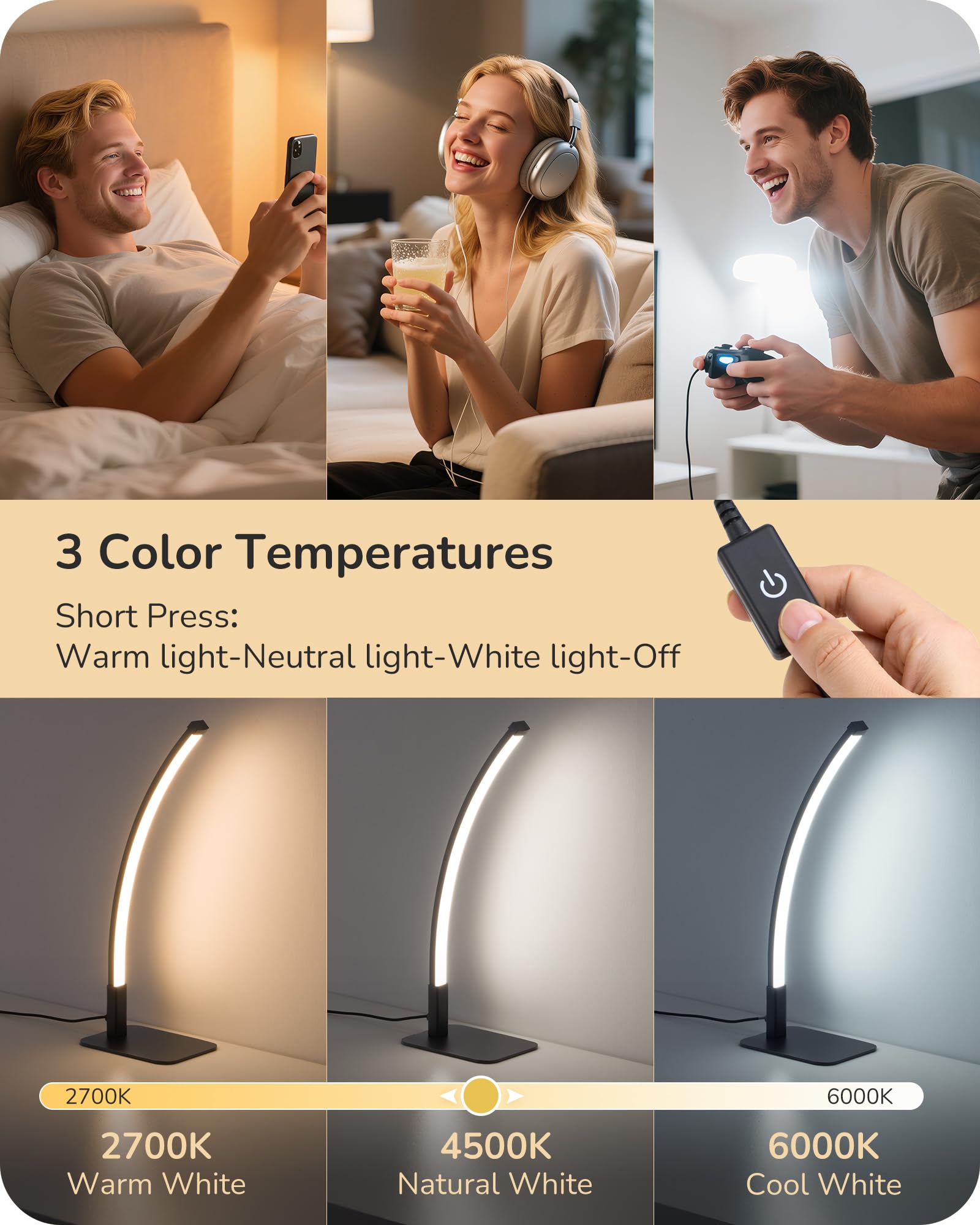 EDISHINE Curved LED Table Lamp, Modern Nightstand Lamp, 3 Color Temperatures, Stepless Dimming, Aluminum & Iron, Black, Model HLTL22W