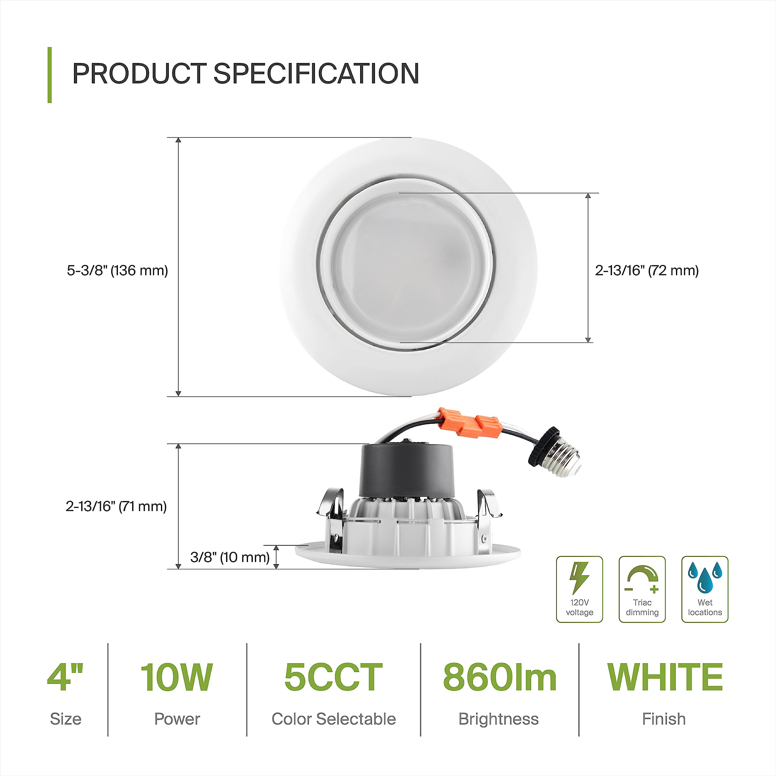 ASD LED Recessed Light 4 Inch 10W 860LM Dimmable White Trim, Adjustable Swivel, Aluminum, Model A-LRKGBR-4D10ACW,