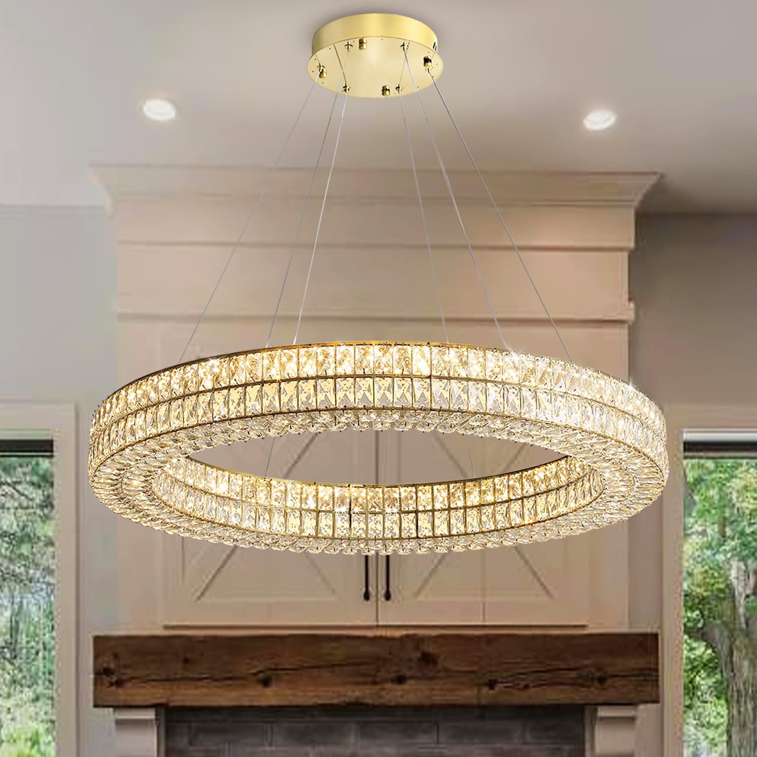 IDEQUY LED Ring Crystal Chandelier, 40in Gold, Modern Dimmable Lighting, Stainless Steel & Acrylic, Model CF8024-100J