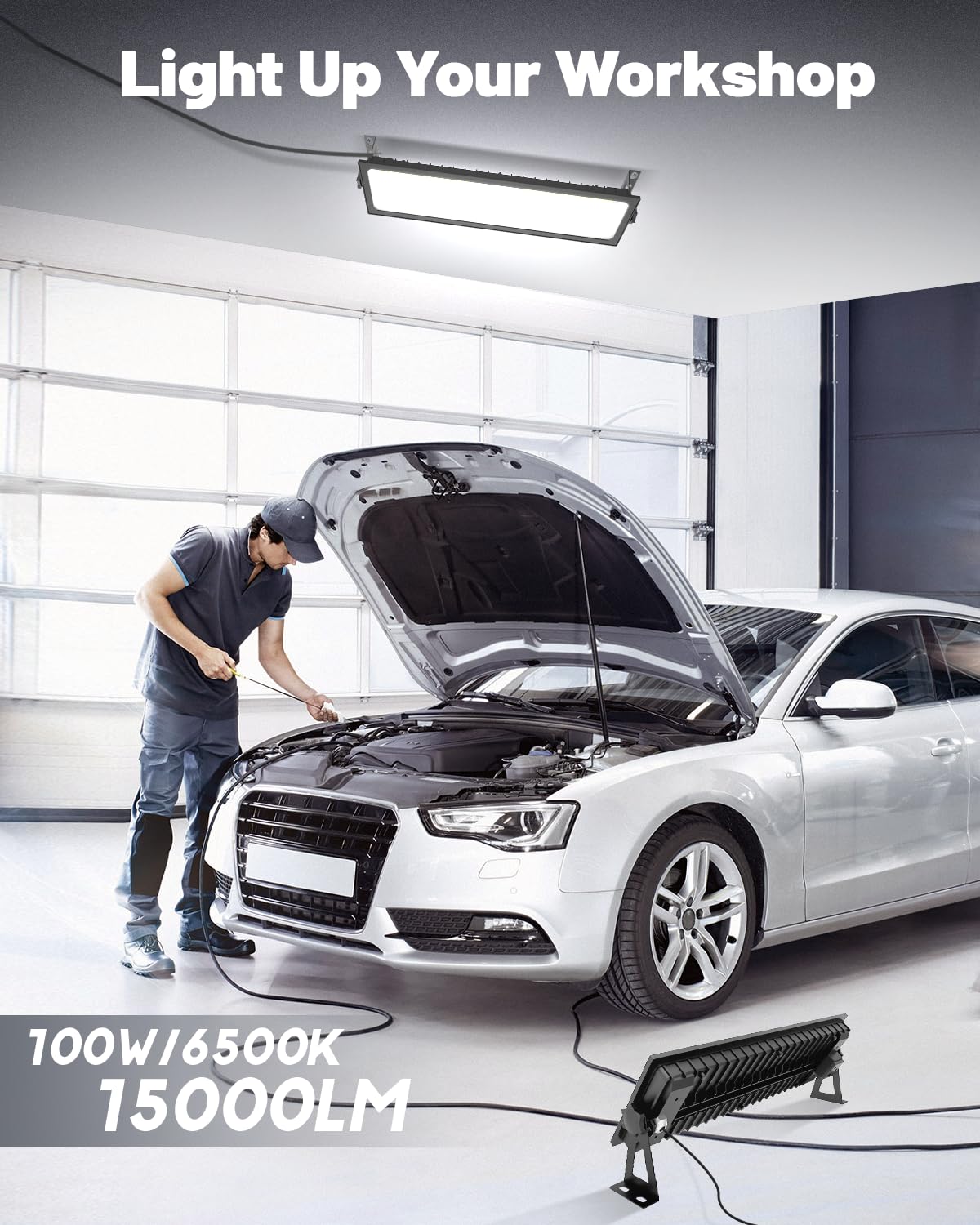 Agrantop 2 Pack Linkable Led Shop Light - 100W 15000Lm Aluminum Plug In Garage Light W/ 9.84Ft Power Cord And On/Off Switch, 650