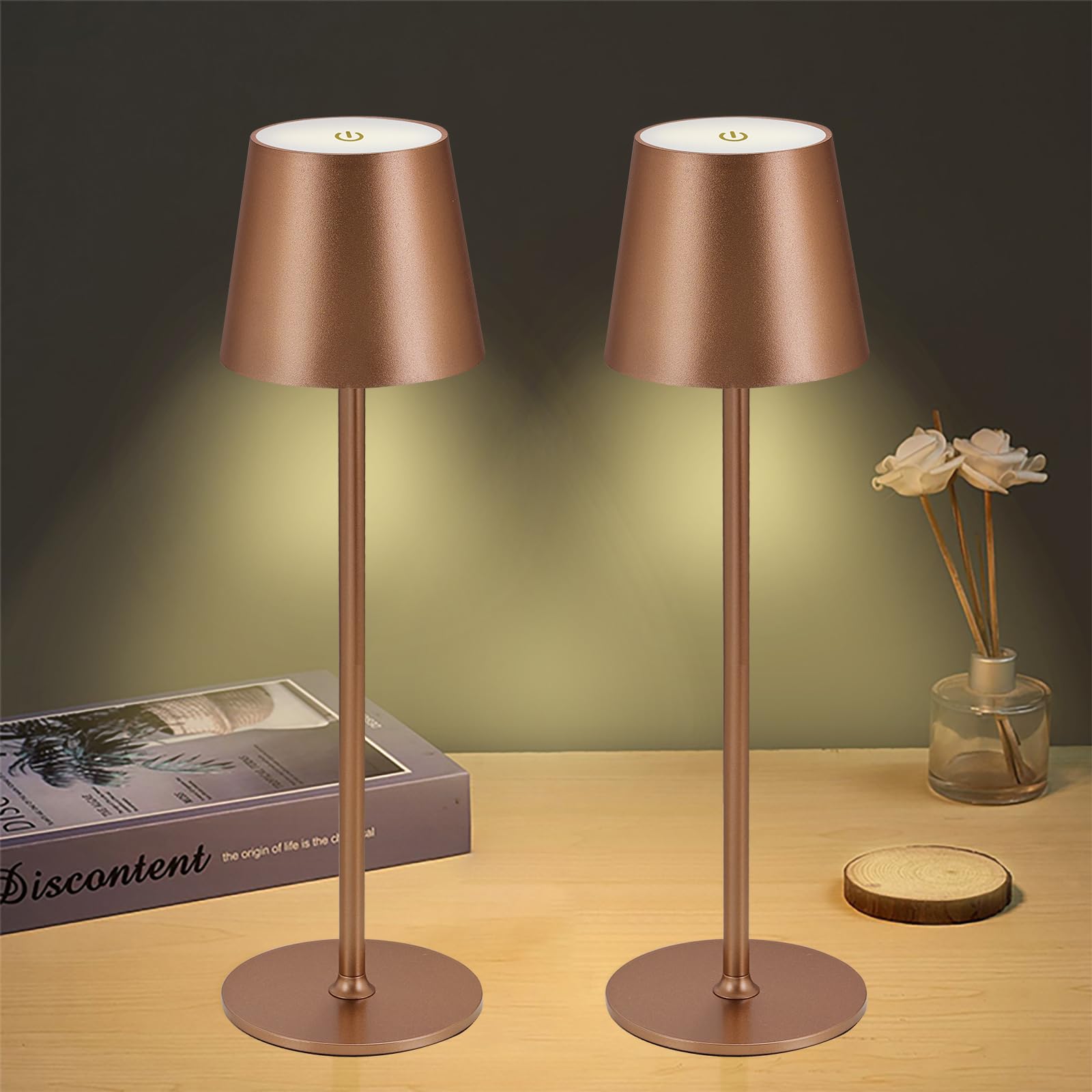IMQSQIK Cordless Table Lamps 2Pack USB Rechargeable LED Touch Control Metal Brown Ue566-2pcsBrown