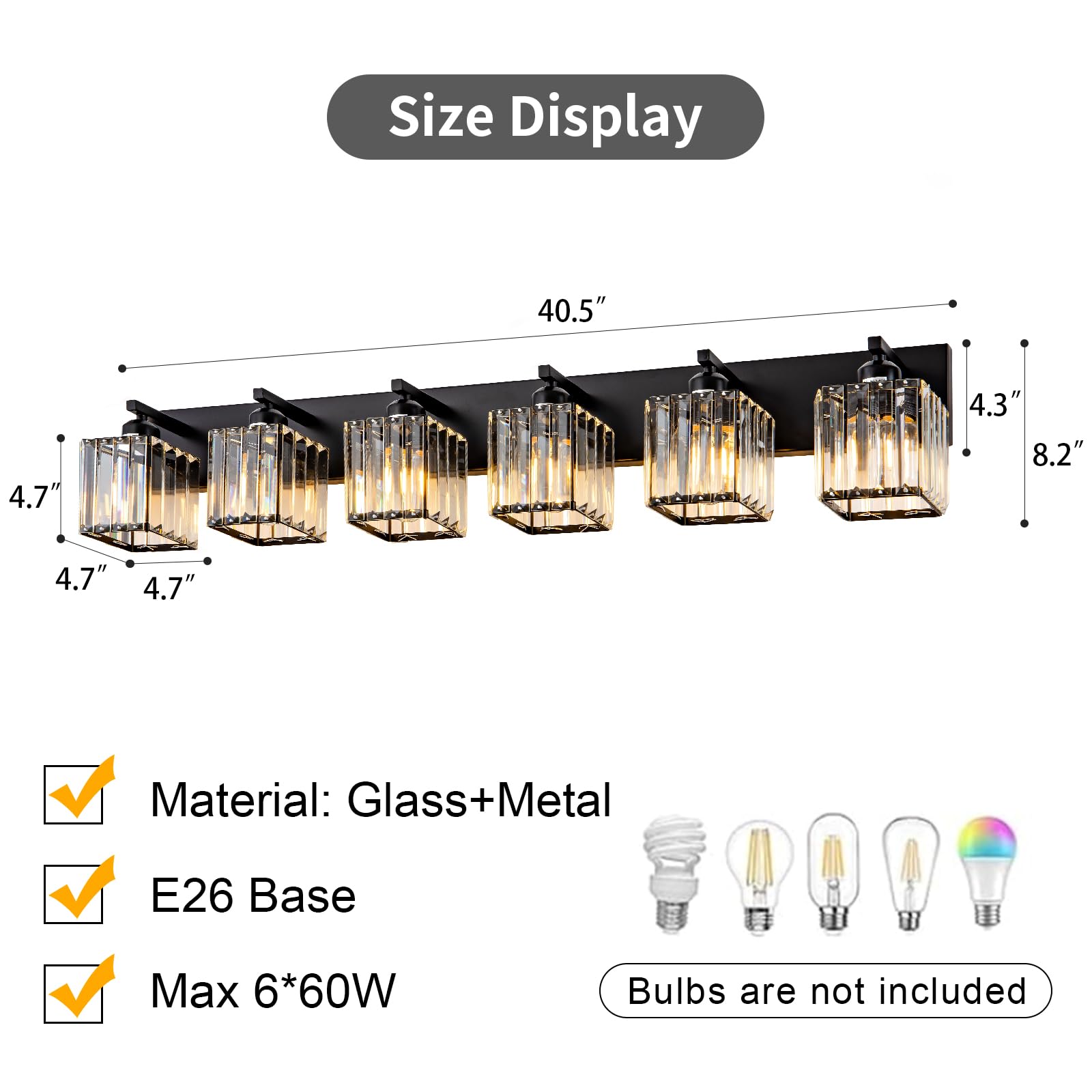 Aixialin 6-Light Black Metal Bathroom Vanity Light Fixture, Modern Crystal Design, Over Mirror Wall Sconce, Model 600-100-1015