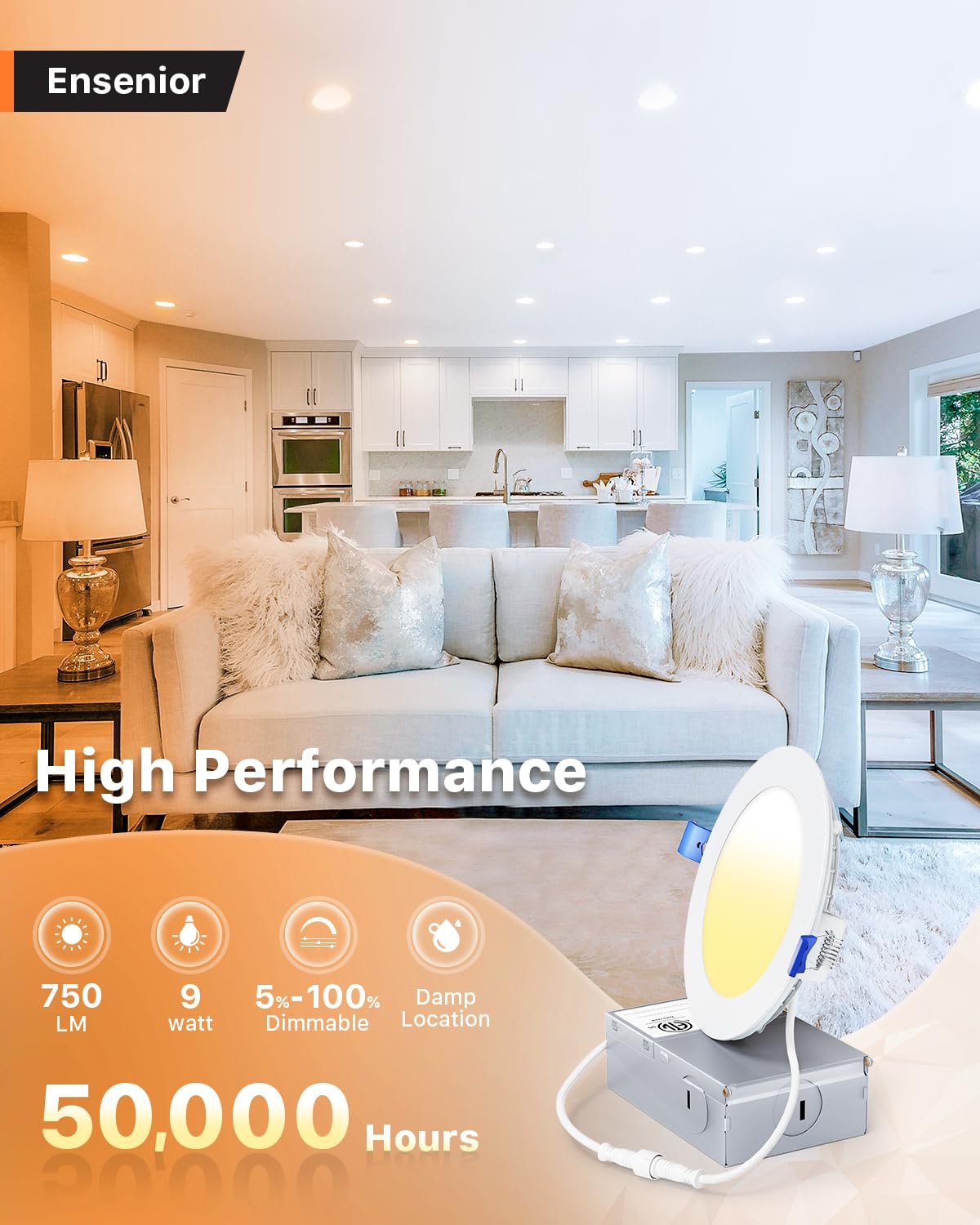 Ensenior 12 Pack 4 Inch Ultra-Thin Led Recessed Ceiling Light With Junction Box, 6000K Clear White, 9W 75W Eqv, Dimmable Can-Killer Downlight, 750Lm High Brightness - Etl Certified