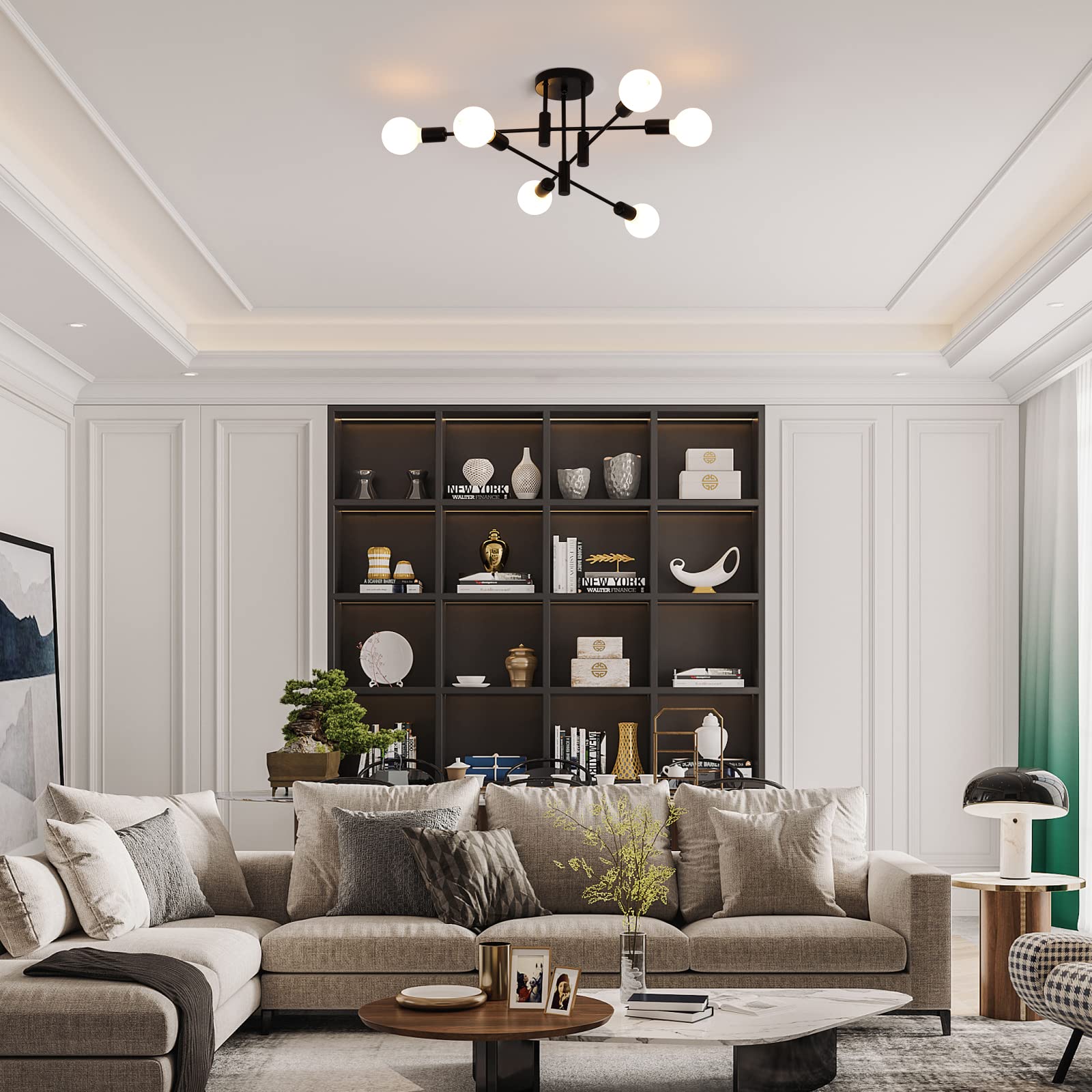 Garwarm Black Sputnik Ceiling Light Fixture, 6-Lights Semi Flush Mount Ceiling Light, Modern Kitchen Chandelier For Dining Room