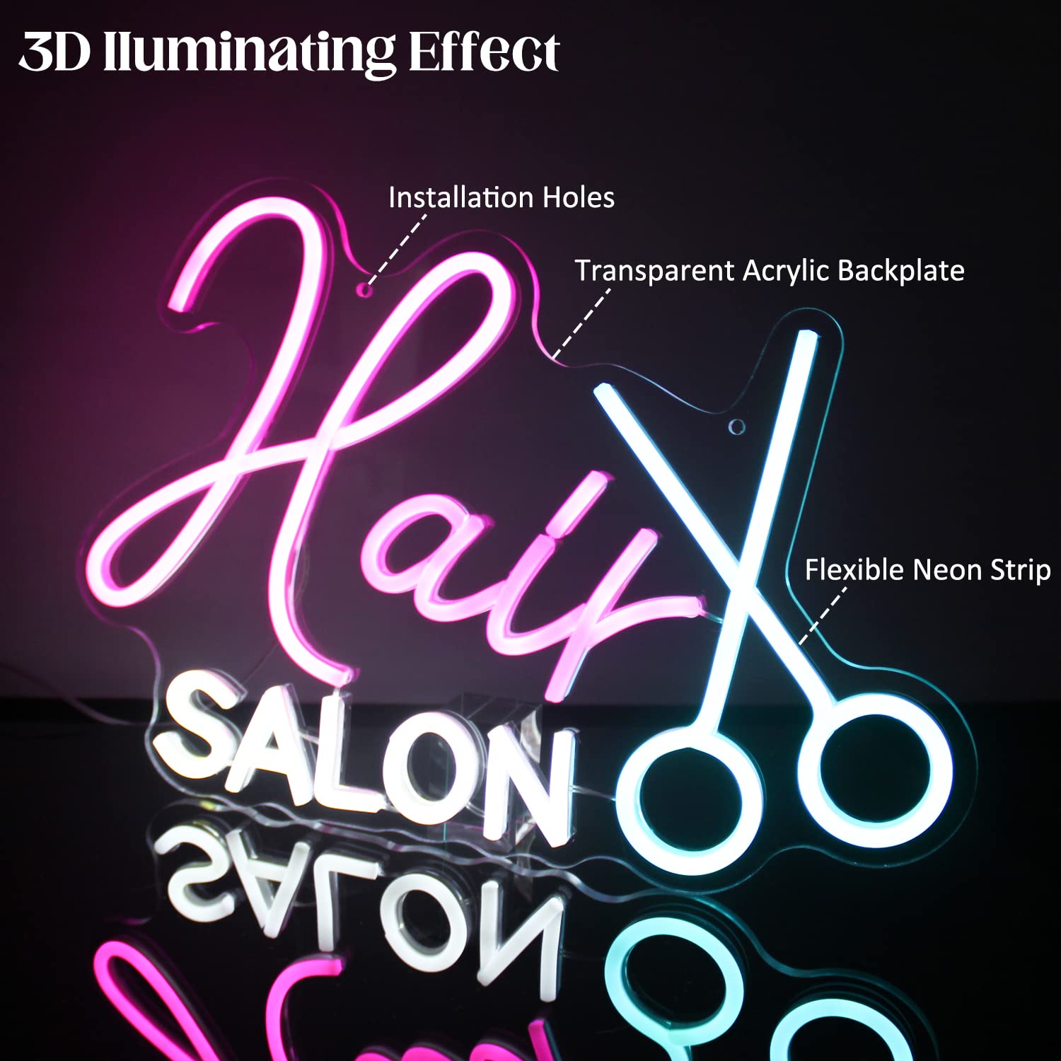 CKTBLEY Hair Salon Neon Sign, LED Wall Decor, Acrylic, Model CC-Hair Salon, Blue White Pink