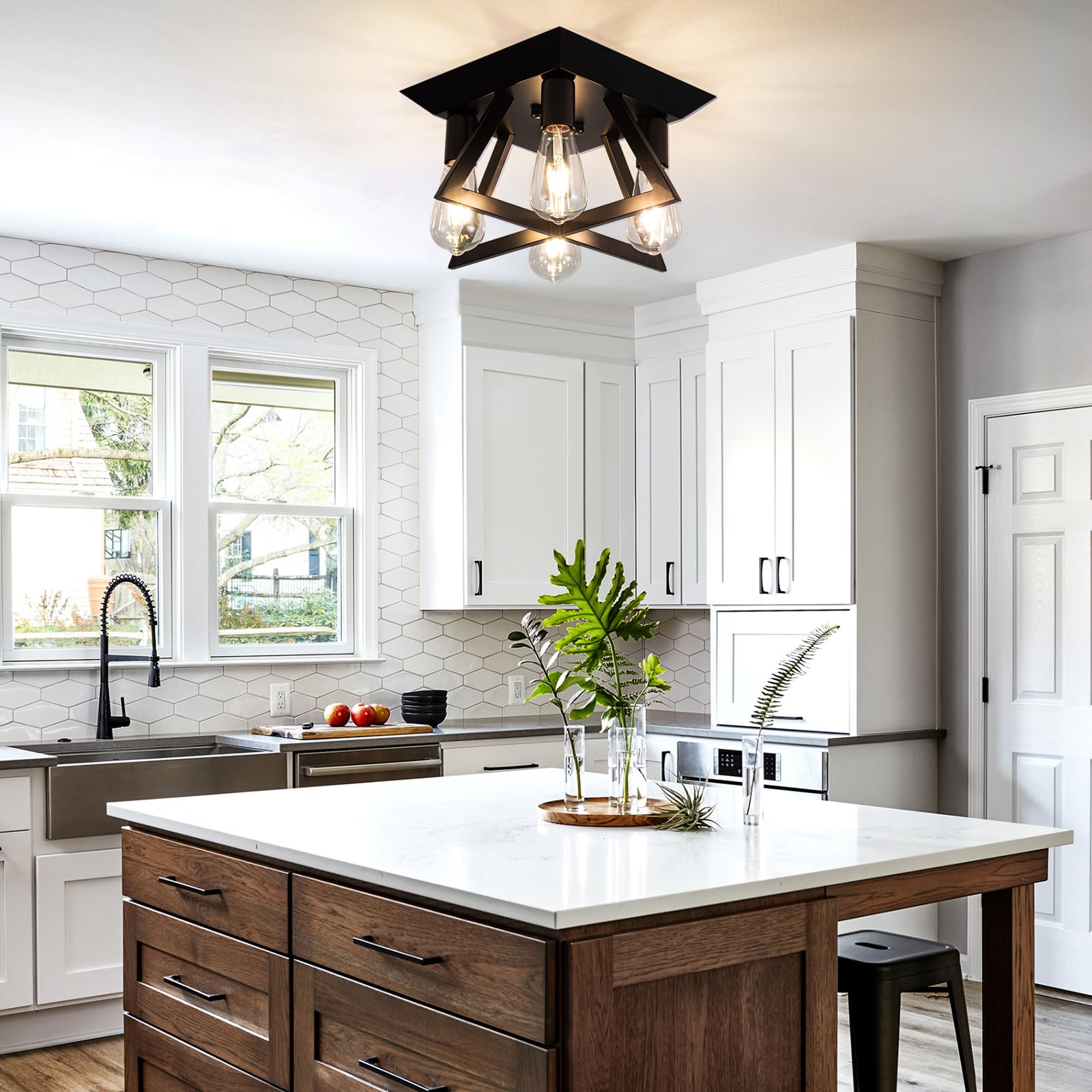 Fengkedu 4 Light Farmhouse Ceiling Light Fixture Black Industrial Flush Mount Ceiling Lamp Hallway Light Fixture Close To Ceilin